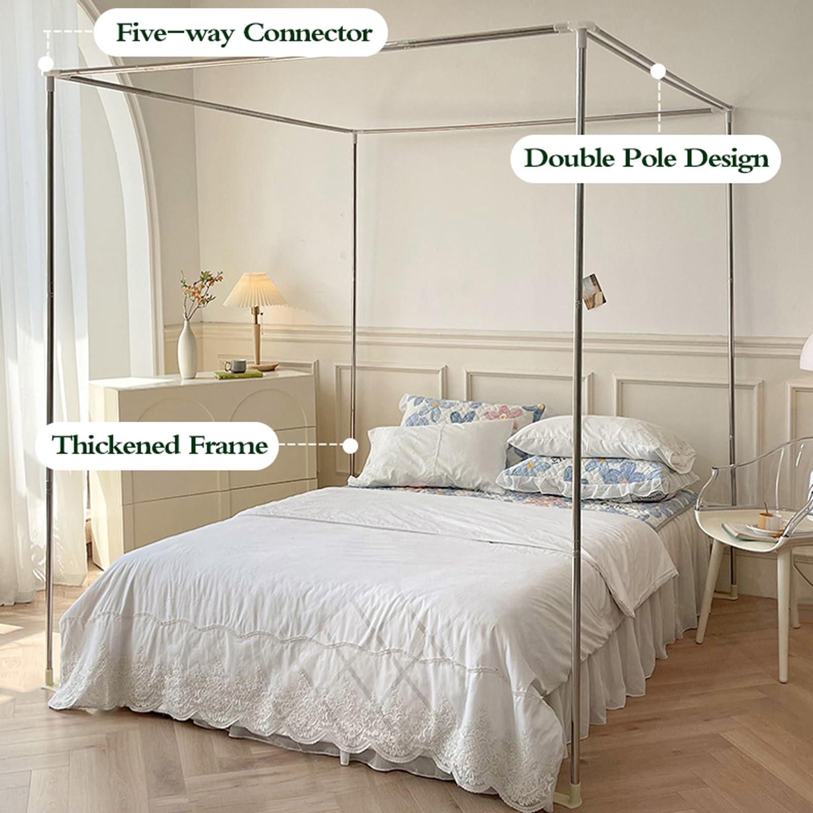 Four Poster Bed Canopy with 3 Doors, Soft Polyester Mosquito Net & Dust Cover for Double Beds, Easy Access Privacy Drapes for Bedroom Decor, Kids Girls Adults, Stylowy ekran z przekąską w pokoju