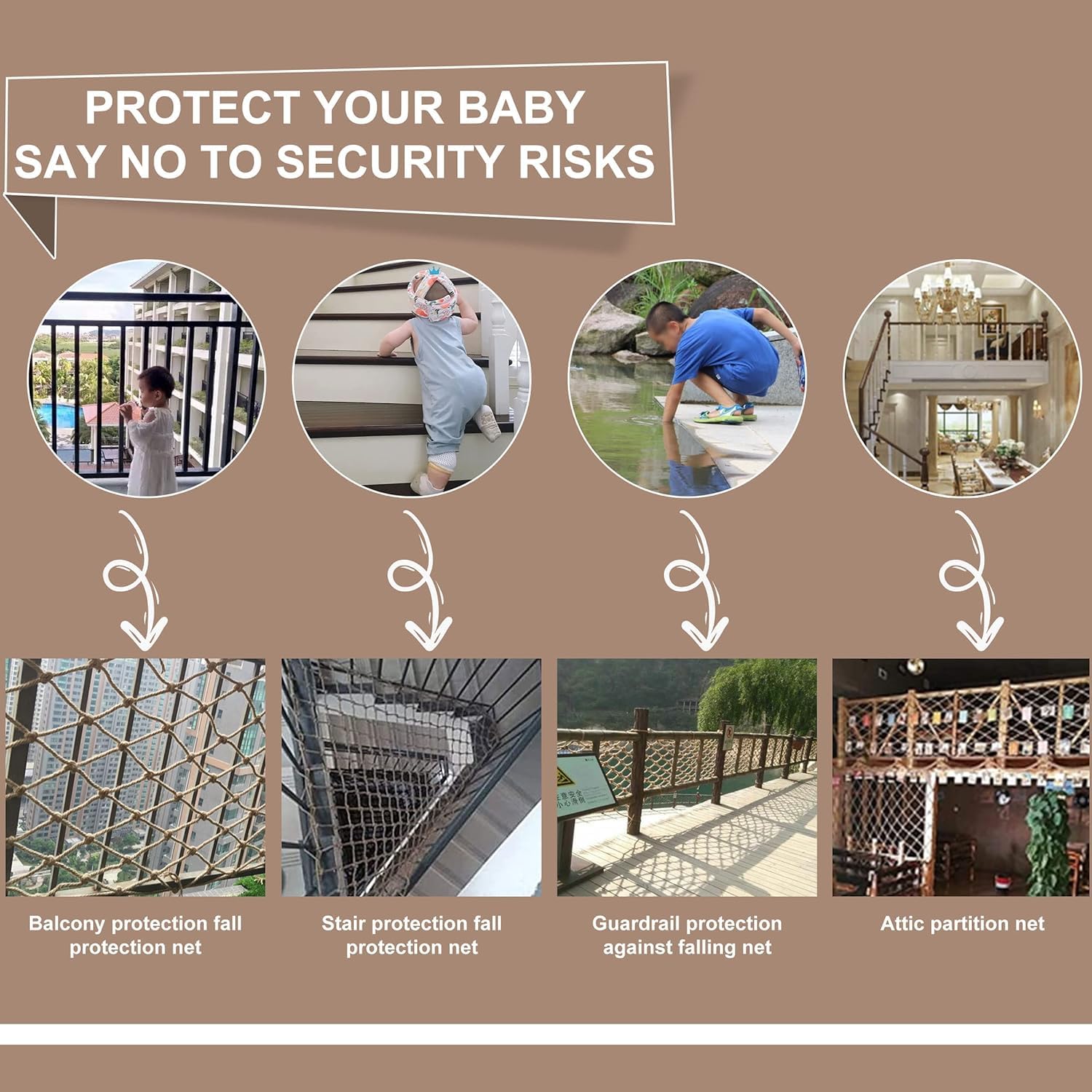 Corda di iuta di sicurezza e rete decorativa per bambini e animali domestici, corda versatile e di protezione da 8 mm, rete di sicurezza per bambini, dimensioni 4 x 9 m, per uso interno ed esterno