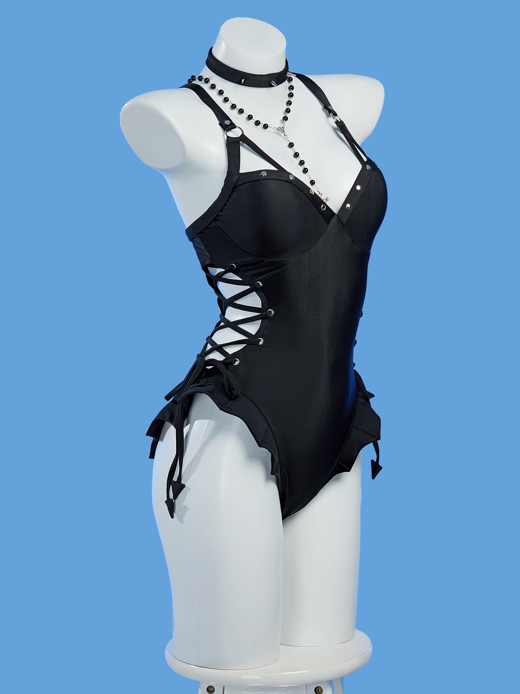 haikyuu MisaMisa - Traje de baño gótico de una pieza con collar y volantes de murciélago, traje de baño gótico