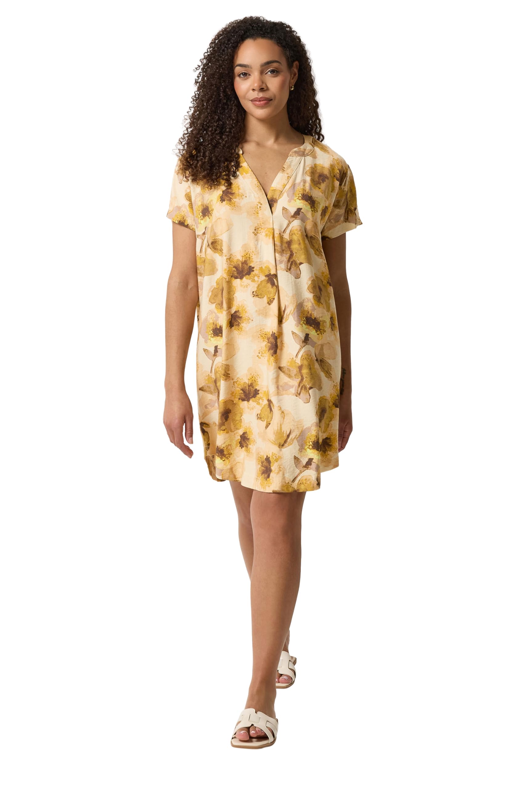 M&Co Women's Mustard Floral Print Notch Neck Mini Dress In | Size: 18