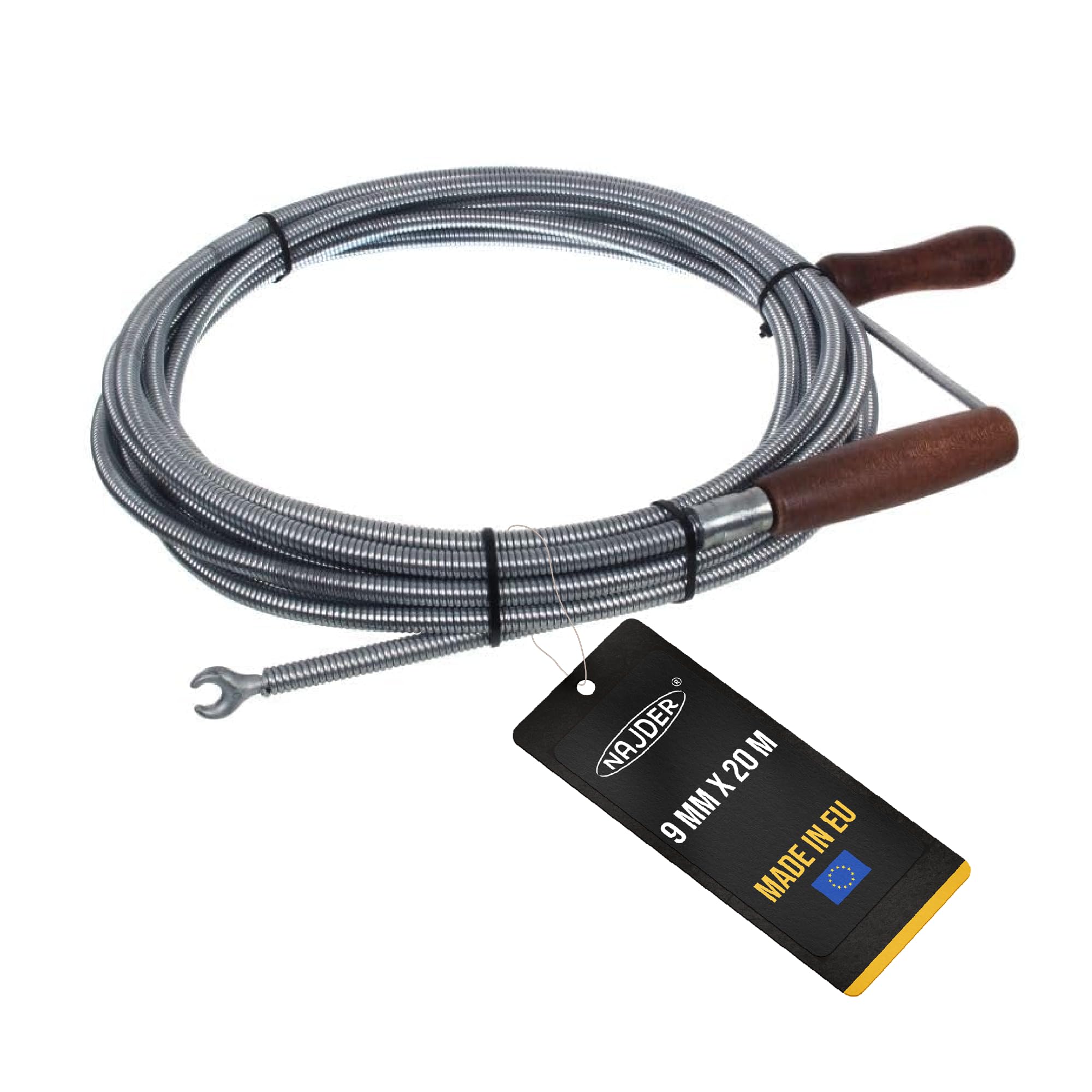 NAJDER Sbloccatore professionale di tubi con testa ad artiglio 9 mm x 20 m, spirale per la pulizia dei tubi, sblocco dello scarico, sonda di sblocco per lavello della cucina, vasca da bagno