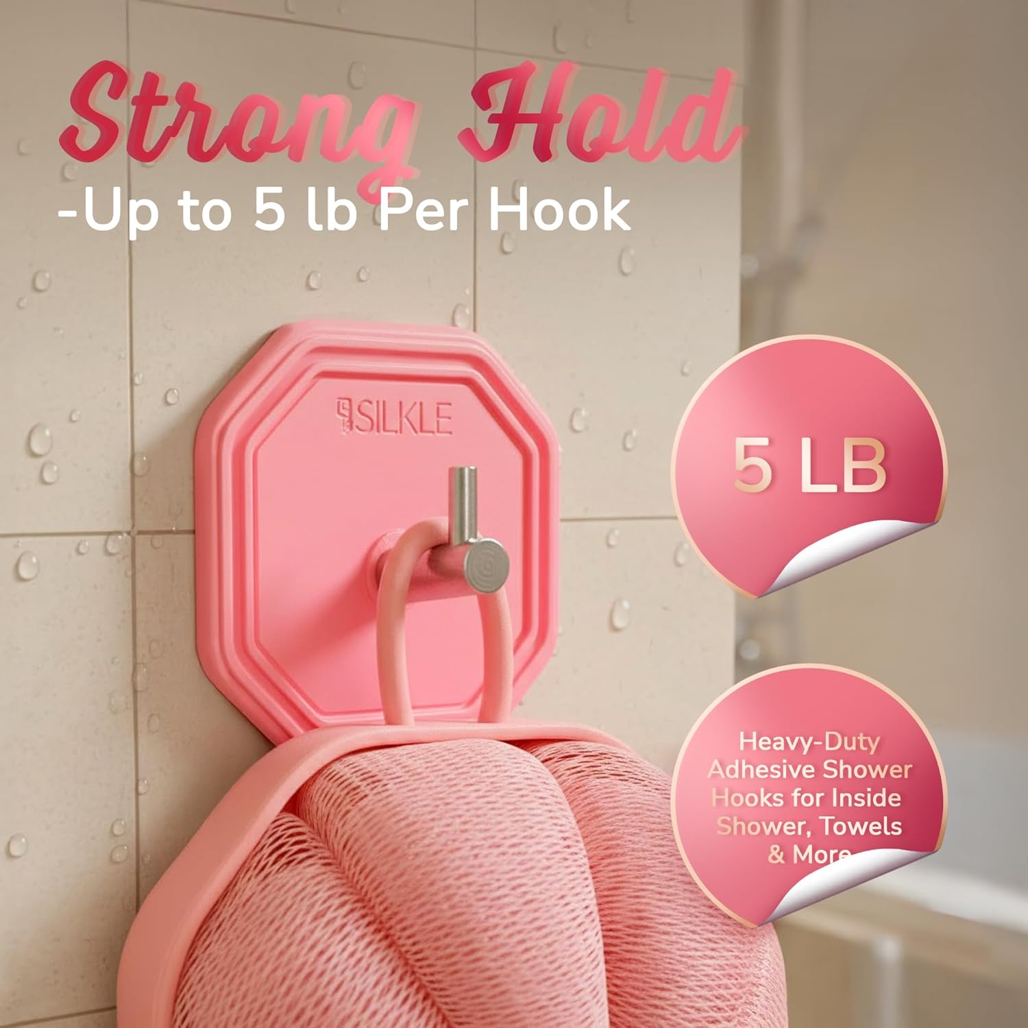 SILKLE Adhesive Silicone Shower Hooks - Adhesive Wall Hooks & Towel Holder for Bathroom, Tile, Glass, No-Drill, Waterproof & Rustproof, Heavy-Duty Stainless Steel, Damage-Free Removal - 2 Pack, Pink