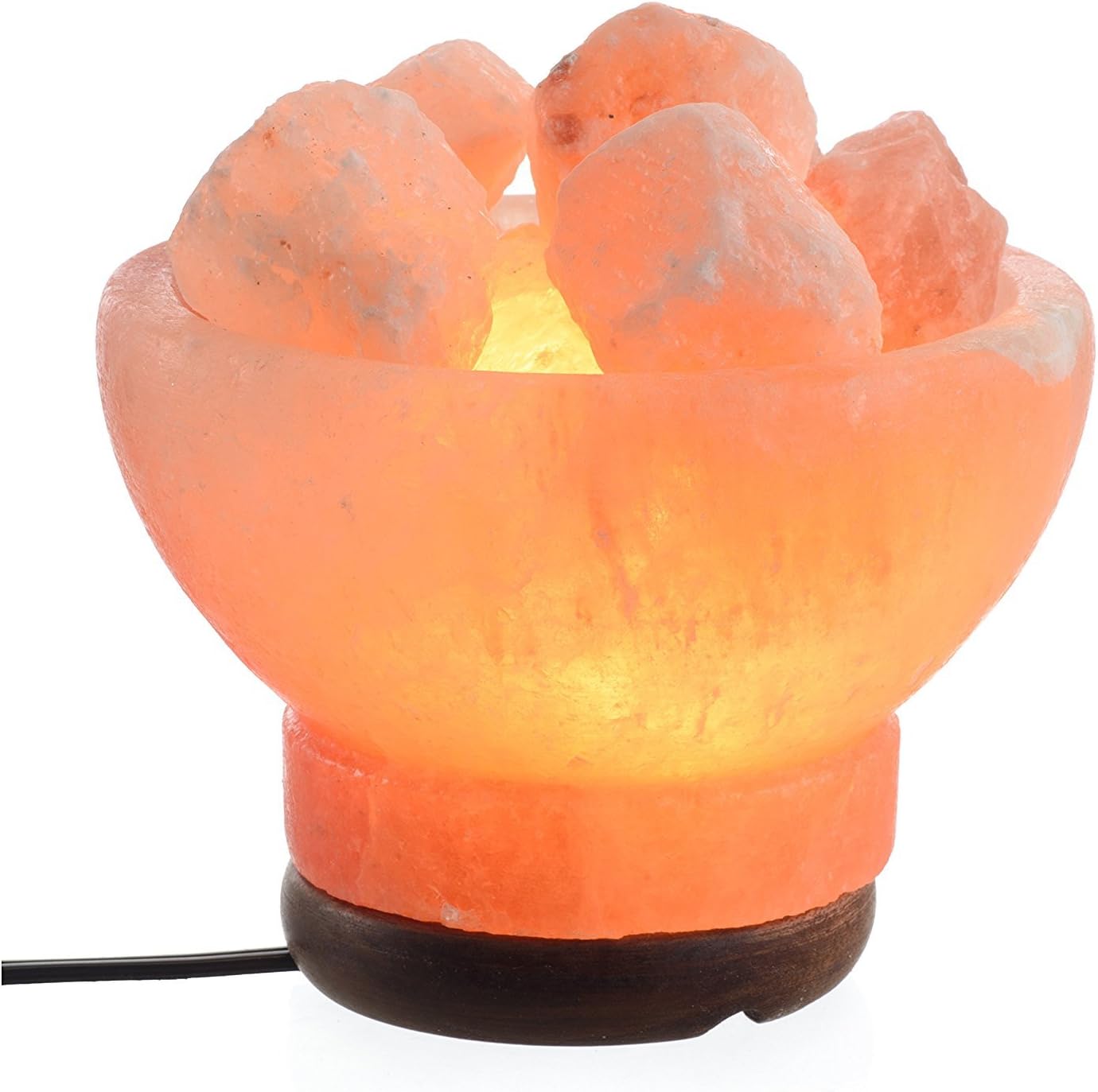 ShartPro Fire Bowl Natural Himalayan Salt Lamp - Handcrafted From Himalayan Rock Salt crystals - Full With Salt Chunks - Wood Base - With 6" UL Cord And Dimmable Switch + 2 Color bulbs, Clear and Red