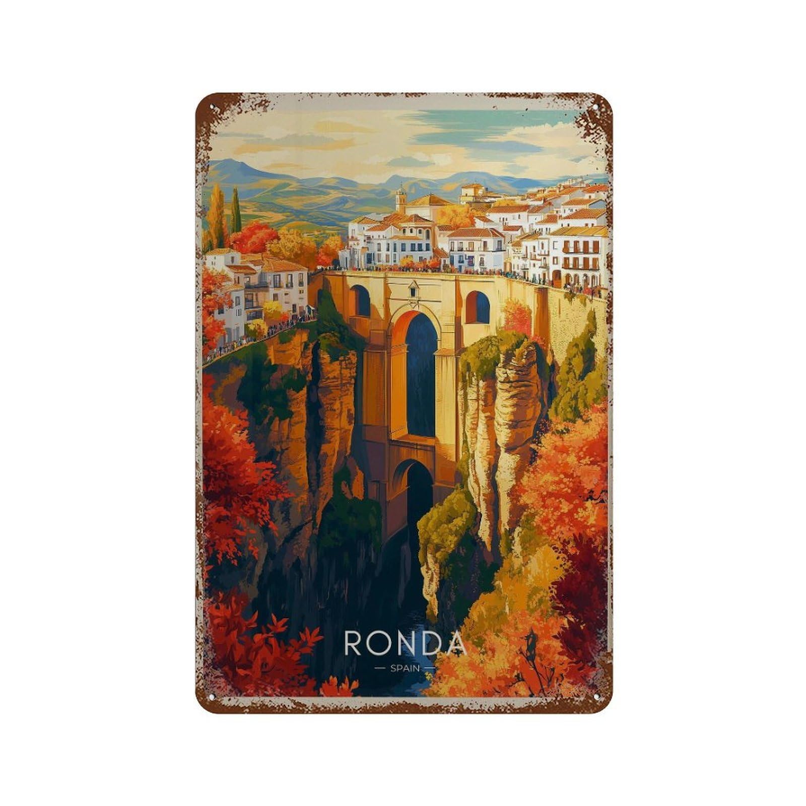 xiaoxiaoshen Ronda Travel Scenic Puente Nuevo Bridge Wall Decor Art Metal Tin Poster Modern Home Decor Art Home Bar Shop Decorations Vintage Sign 30x20cm