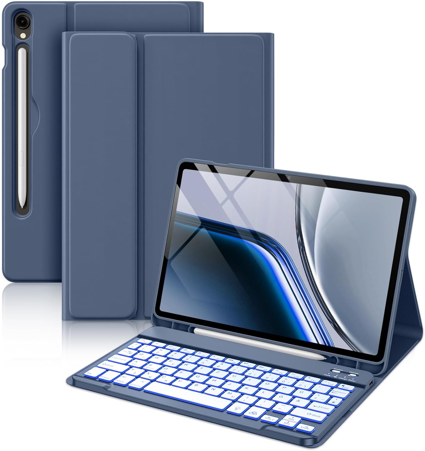 Product image of Vobafe Tastatur Hülle für Samsung Galaxy Tab S10 Lite/S10 FE/S9 FE 10.9 Zoll/Tab S9 11 Zoll, 7-Farben Beleuchtung Keyboard Cover mit Stifthalter & Schnellladung, QWERTZ-Layout, Blaugrau