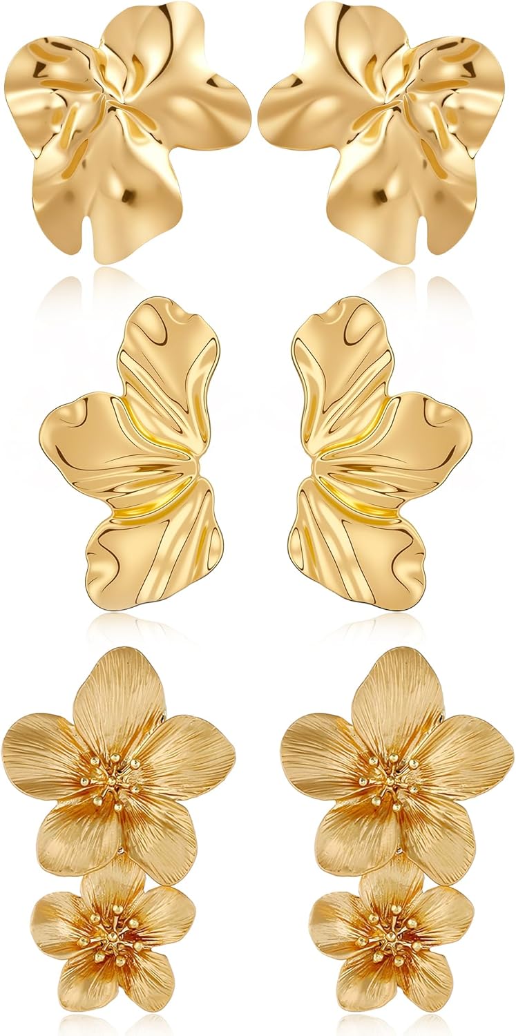 Gold Flower Statement Earrings for Women, 14K Gold Plated Large Irregular Leaf Floral, Big Chunky Dangle Earrings Set