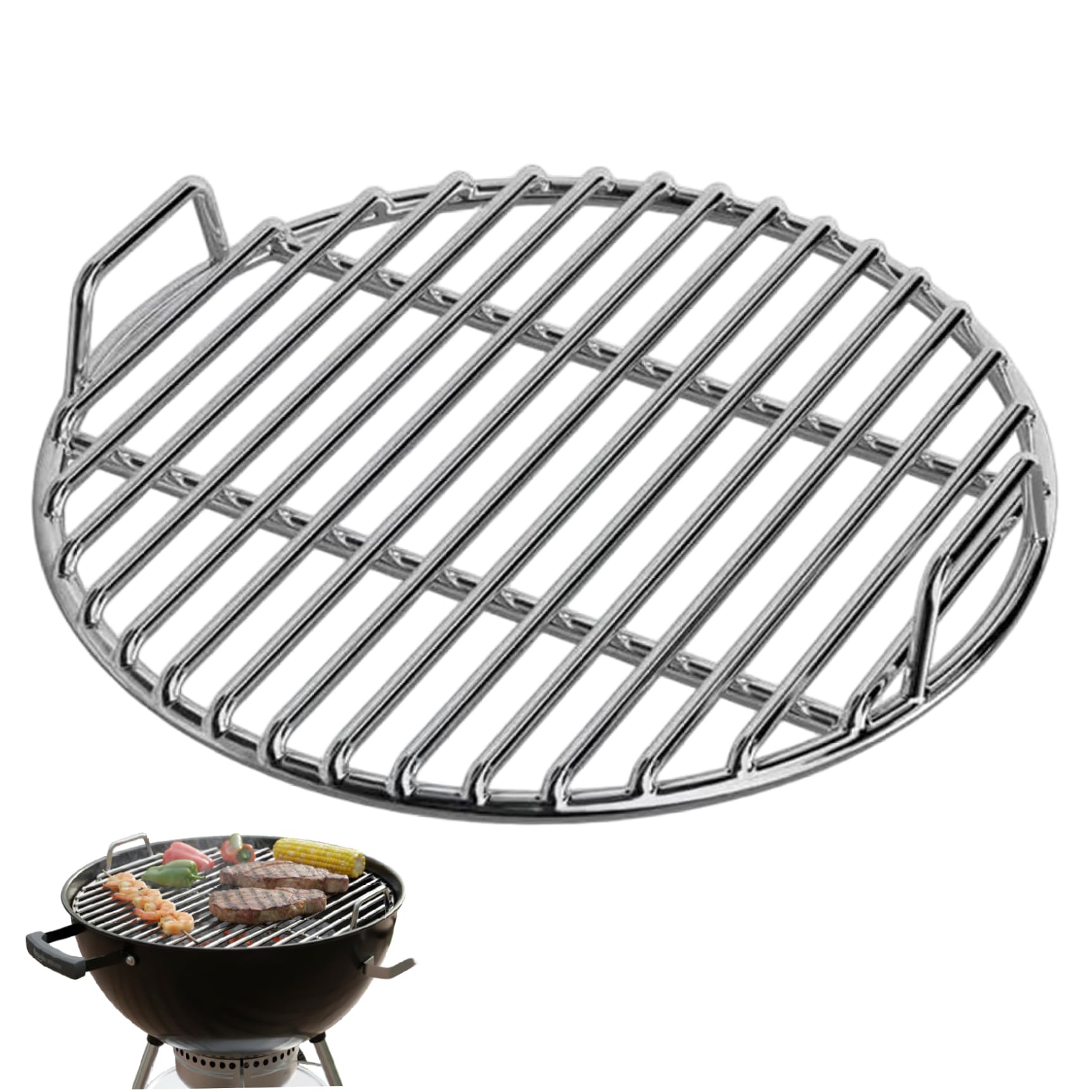 Cakeeyum Silver Stainless Steel Grill Grate 14 Inch Diameter Heavy Duty Grill Grates Replacement With Handles For Grilling Smoking Roasting