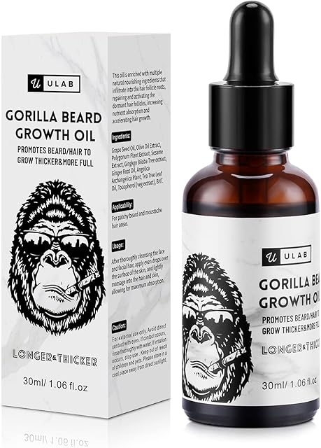 uLab Gorilla Beard Oil for Hair Growth, Mens Natural Daily Hair Growth Oil Formula for Beards and Facial Hair, 30ml