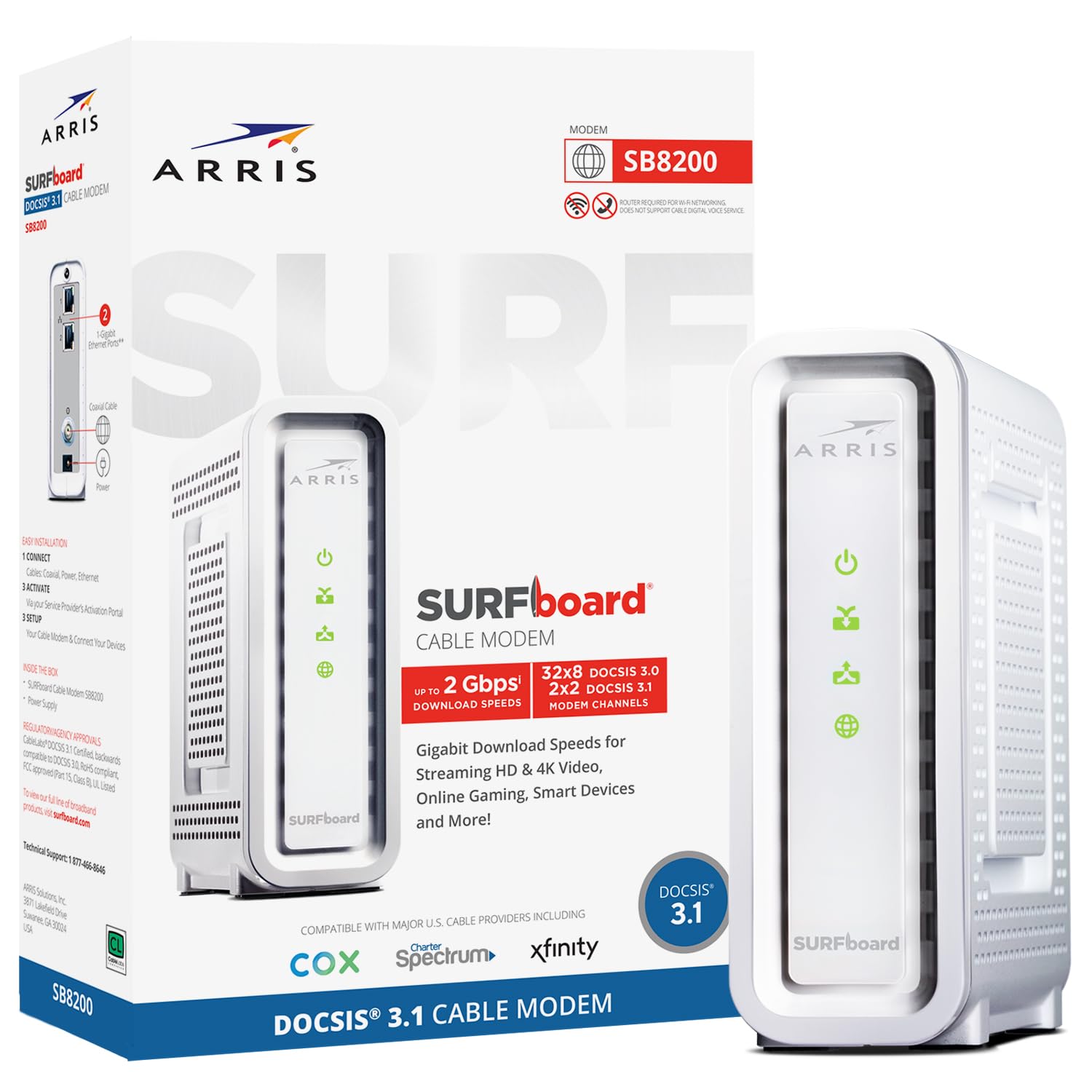 ARRIS SURFboard SB8200 DOCSIS 3.1 Multi‑Gig Cable Modem | 2 -1Gbps Ethernet Ports | Works with Xfinity, Cox, Spectrum | For Cable Internet Plans up to 2Gbps | Modem Only, Router Required