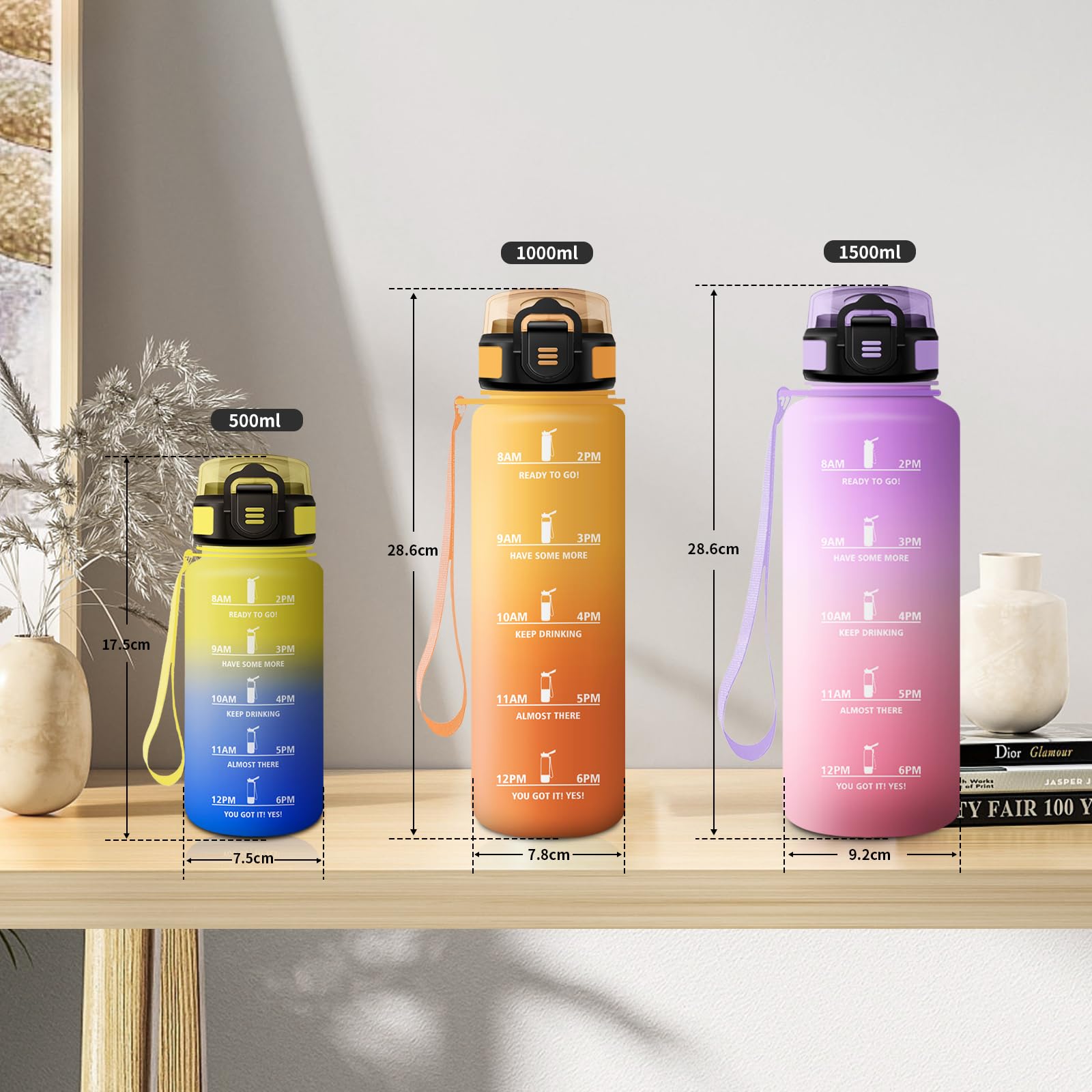 Borraccia 500ml, a Prova di Perdite, Bottiglia Bambina con Cannuccia, Bottiglia Acqua Sportiva con Indicatore del Tempo, Motivazionale Borraccia per Bambini, Campeggio, Scuola, Ufficio, Lavoro