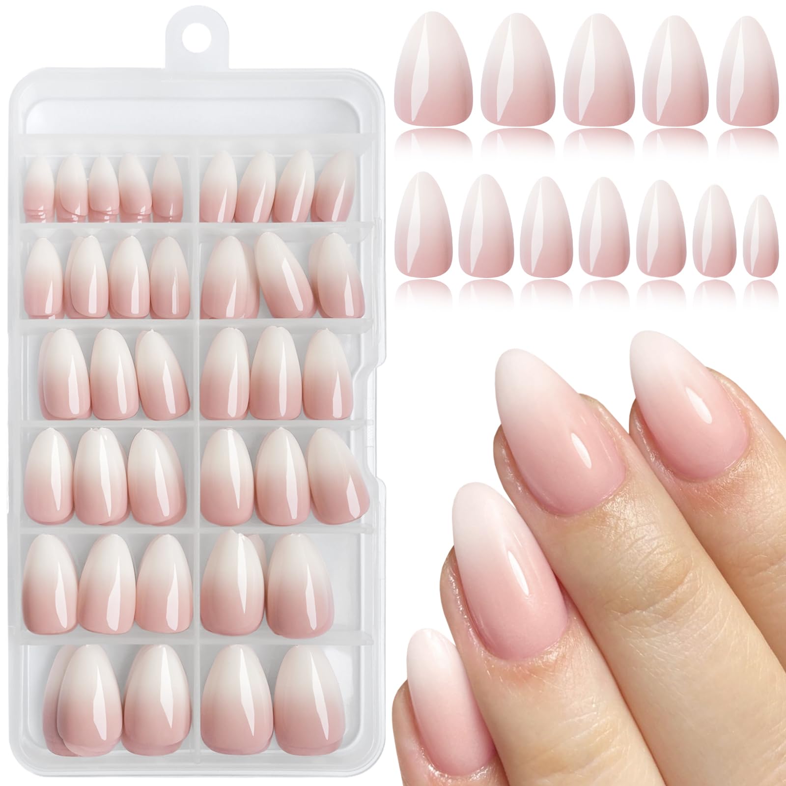 Bellelfin Ombre Press on Nails Short Almond Nails Press ons for Women, 240pcs Pink Gradient Almond Press On Nail with Jelly Tab and Glue, 12 Sizes
