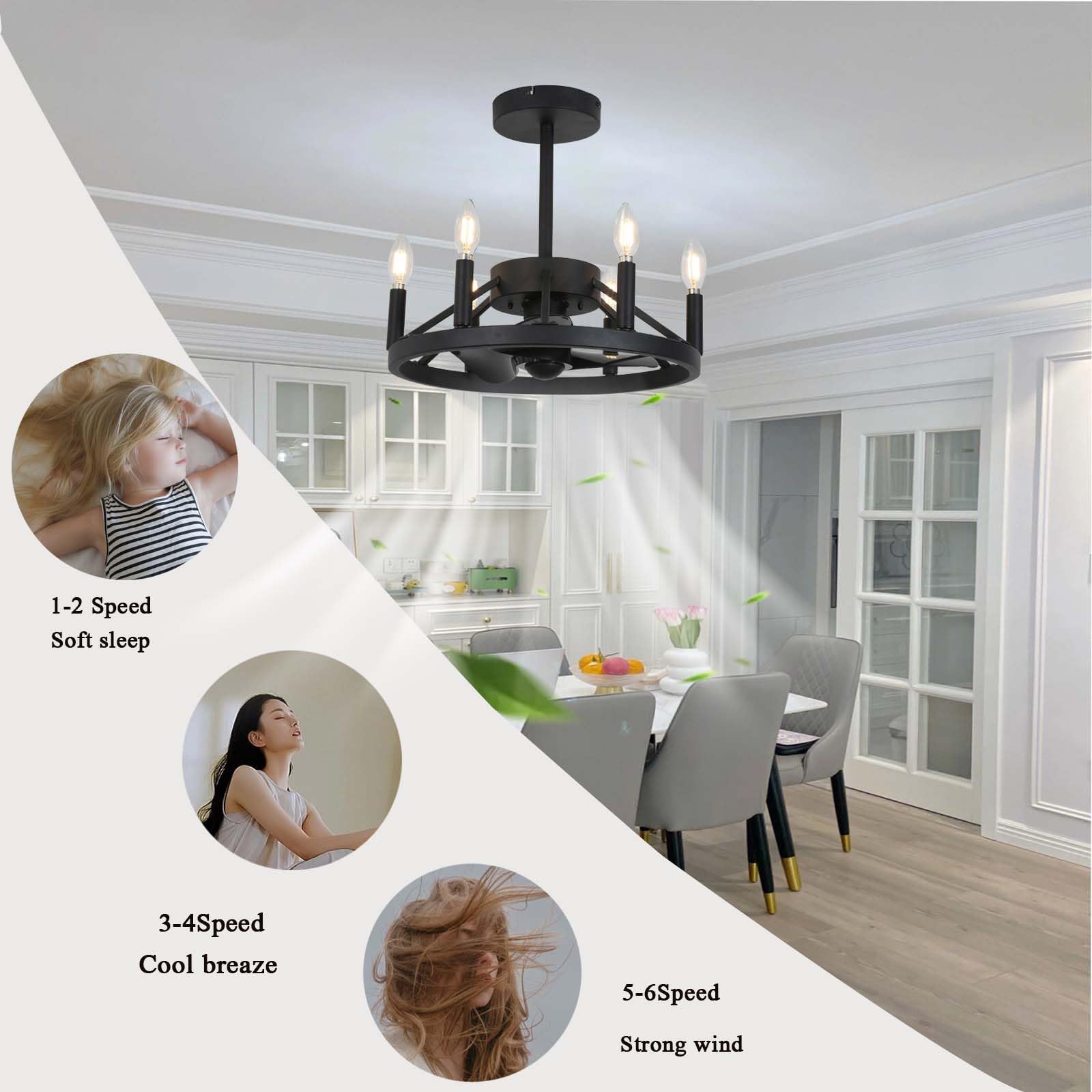 Ventilador de Techo Retro Negro con luz, 43 cm, Bombilla E12, Motor DC silencioso, diseño Reversible, Control Remoto, 6 velocidades, Cocina y Dormitorio, función de t