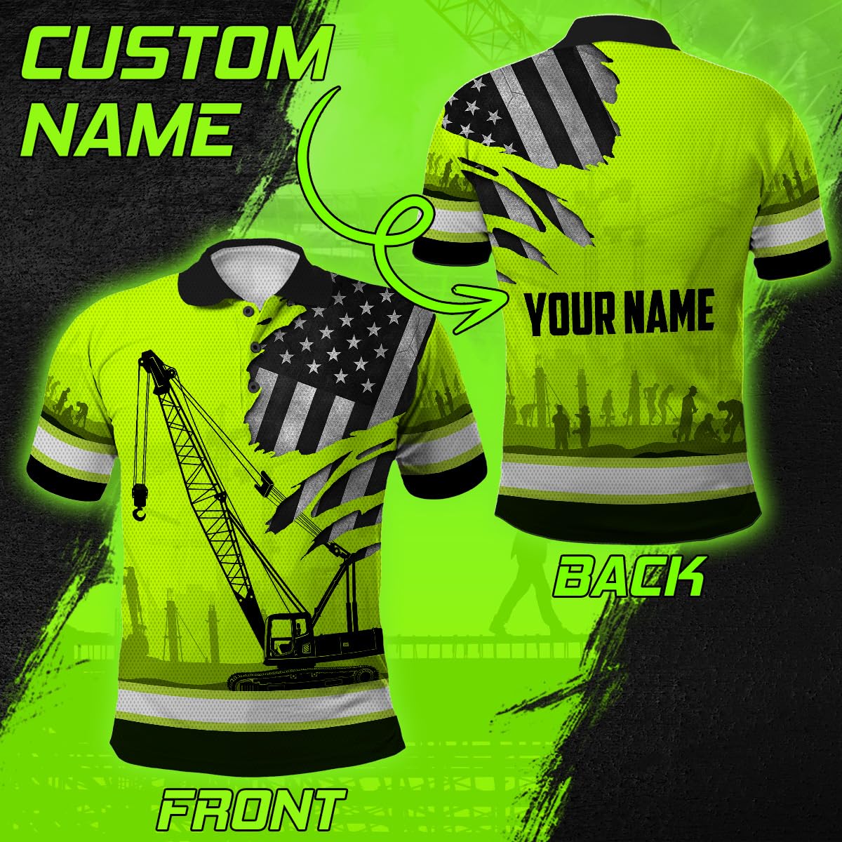 Matedecor Safety Polo Shirts Hi Vis Green Neon Crane Operator Customize Name High Visibility Shirt for Men Reflective Shirt Construction Workwear for Workers, Trucker, Operator, Patriotic-XL