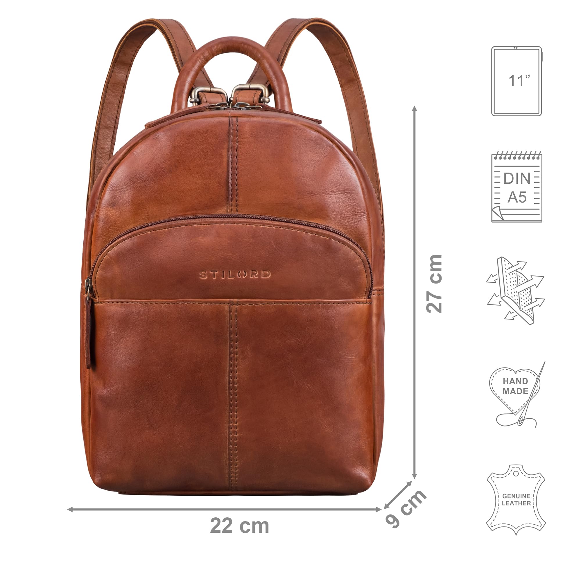 STILORD Elva Mochila Mujer Casual Pequeña de Piel Autentica - Ideale como Mochilas de Viaje Elegante - Bolsa Mochila Cuero Antirrobo con Muchos Compartimentos Color:Brandy - coñac