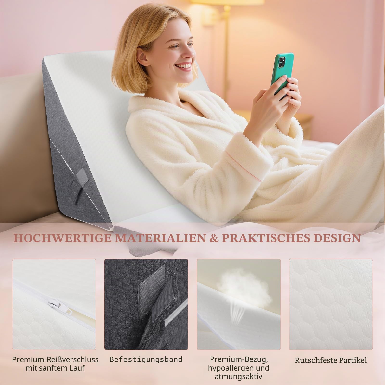 Keilkissen Bett aus Memory-Schaum mit Verstellbarer Höhe - Ideal bei OP-Erholung, Reflux, Schnarchen & Rückenproblemen, Orthopädisches Schlafkissen für Bettlägerige mit Waschbarem Bezug & Tragegriffen