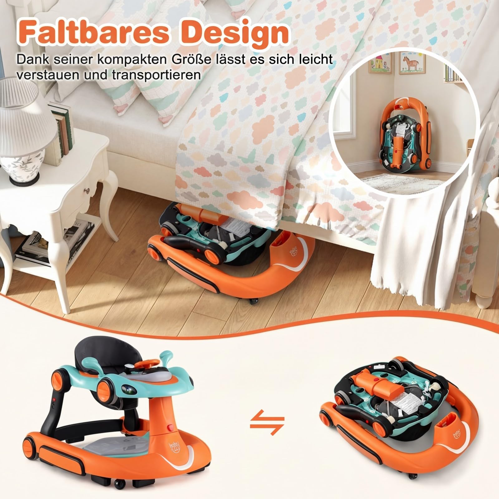 GIANTEX Girello per Bambini 7-18 Mesi 7 in 1, Baby Walker con Tettuccio, Vassoio di Giochi, Carillon, Luci, Primi Passi Piegevole, Altezza e Velocità Regolabili, Carrello da Spinta (Arancione + Verde)