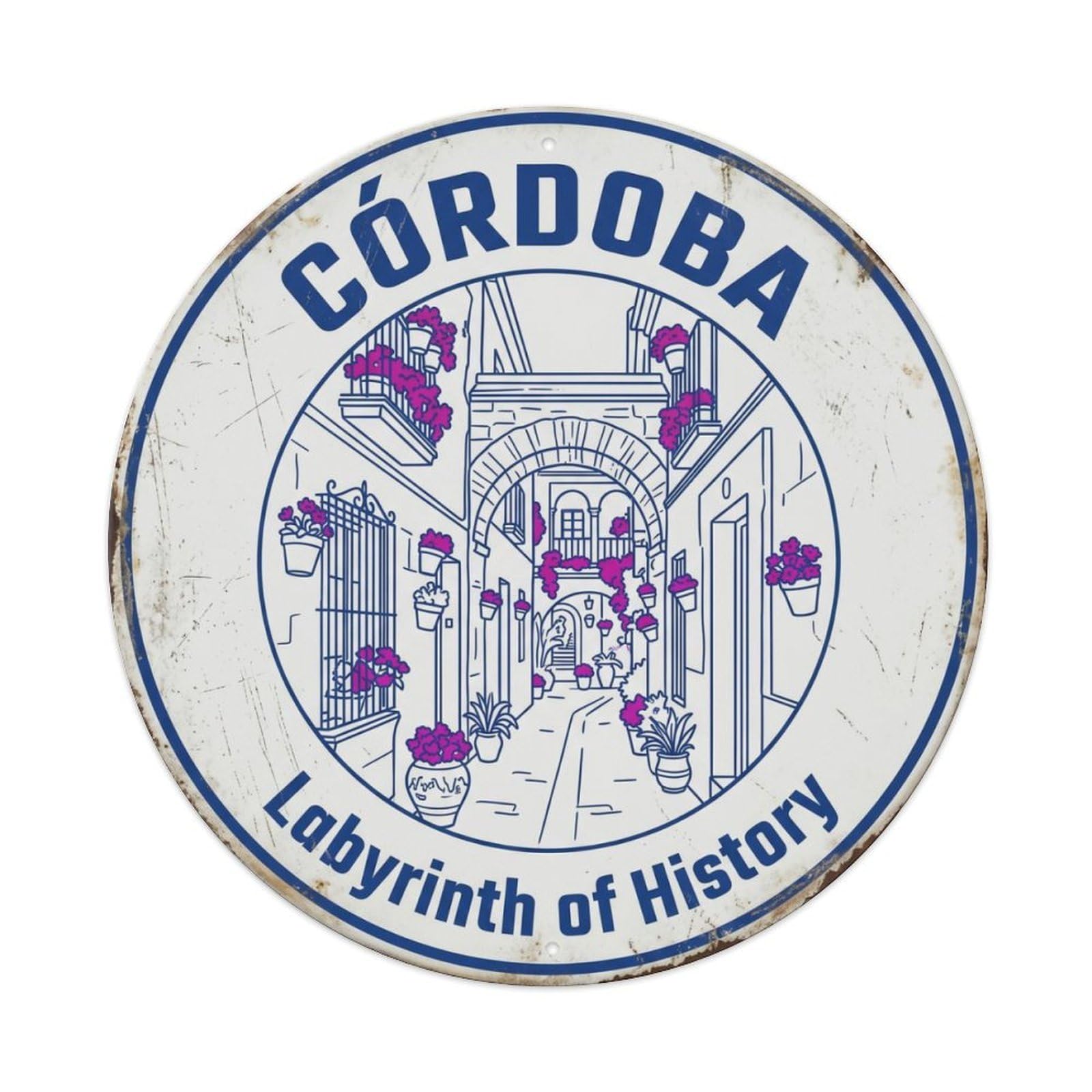 Fqcyn Style Vintage Travel Cordoba Quarter Flowers Metal Tin Sign Plaque Wall Decor For Cafe, Club Bar, Office, Home Garden Round Metal Poster 8X8inch