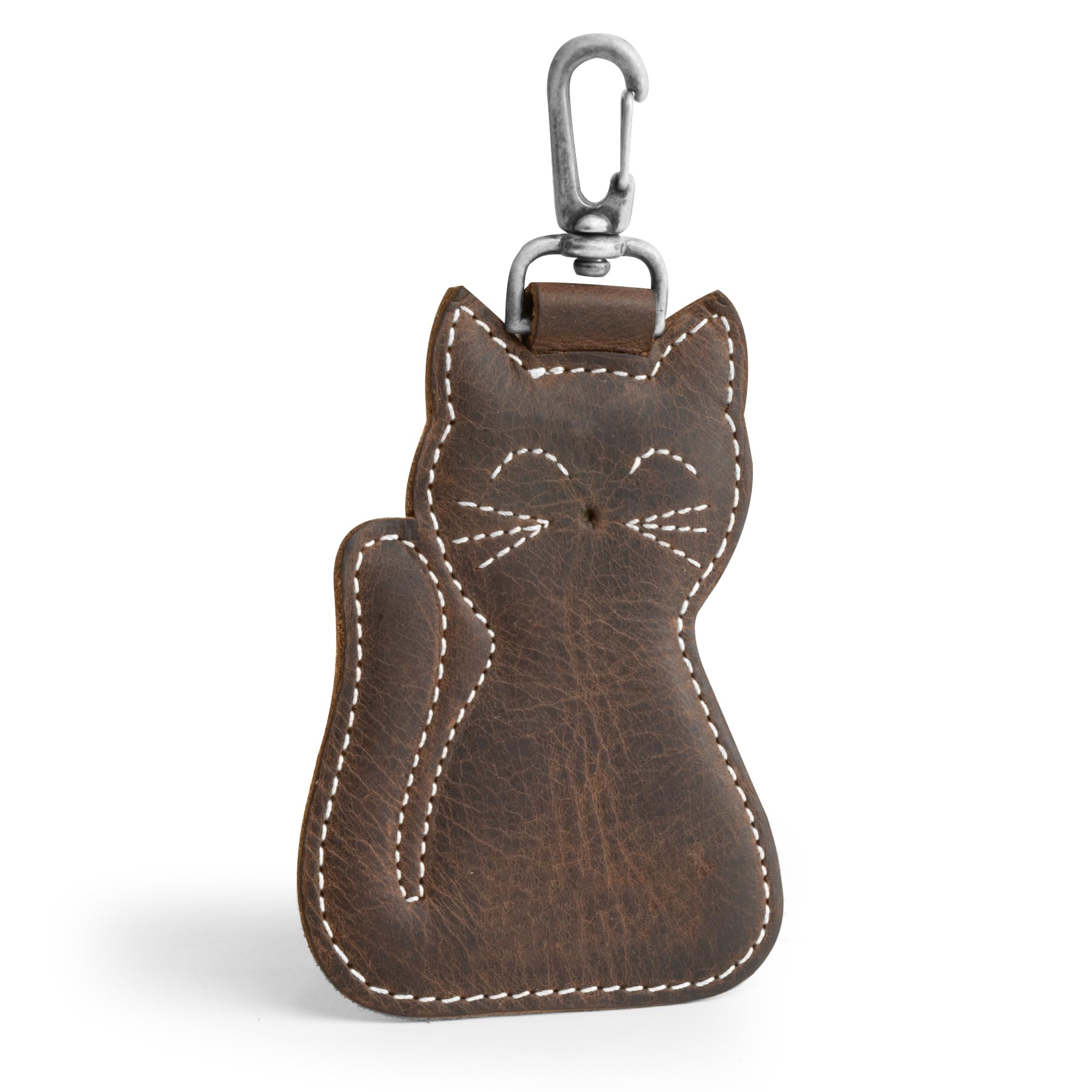 Hide & Drink, Cat-Shaped Keychain, Stuffed Animal-Shaped Ornament, Cat-Shaped Ornament, Key Organizer, Full Grain Leather, Handmade, Bourbon Brown