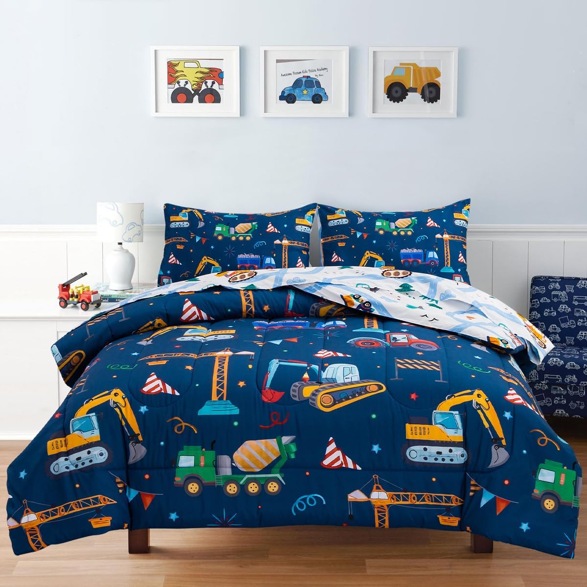 Holawakaka Trucks Tractors Cars Boy Bedding Comforter Set with Sheets, Twin Size Cartoon Construction Car Excavator Print Kids Bed in A Bag 5-Piece, Boys Reversible Dorm Bed Sets (Navy Blue Twin)