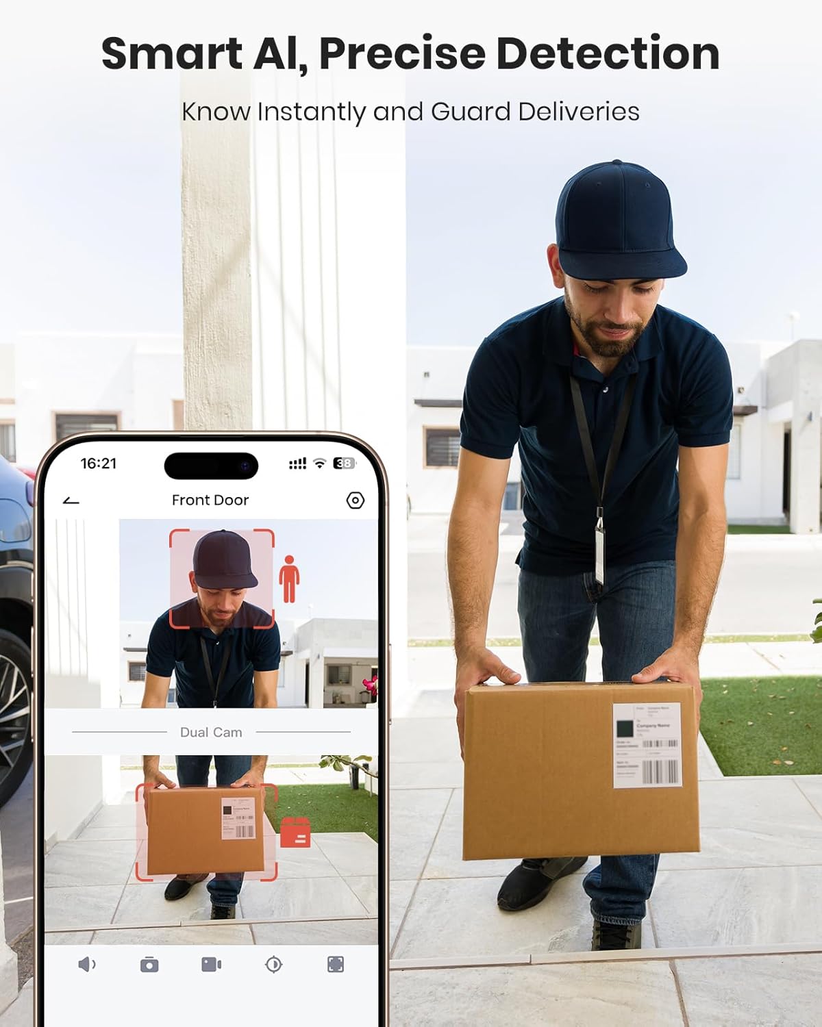 Smartphone screen displaying dual camera view from the doorbell, showing a person and a dog.
