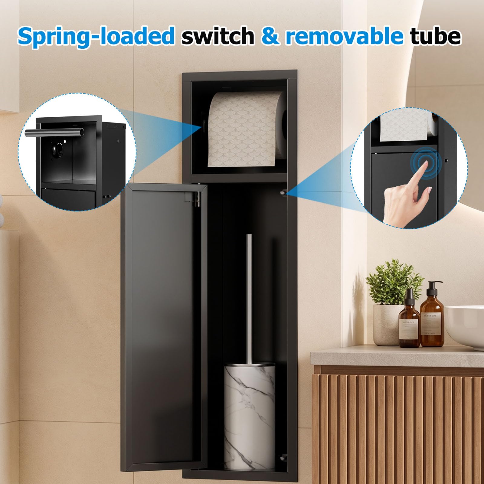 MSFE Portarrollos de Papel Higiénico Empotrado,Módulo de Armario Empotrado para Baño de Acero Inoxidable para Guardar Papel Higiénico y Escobilla de Baño en el Baño,Apertura a Presión,63x17.8x15CM