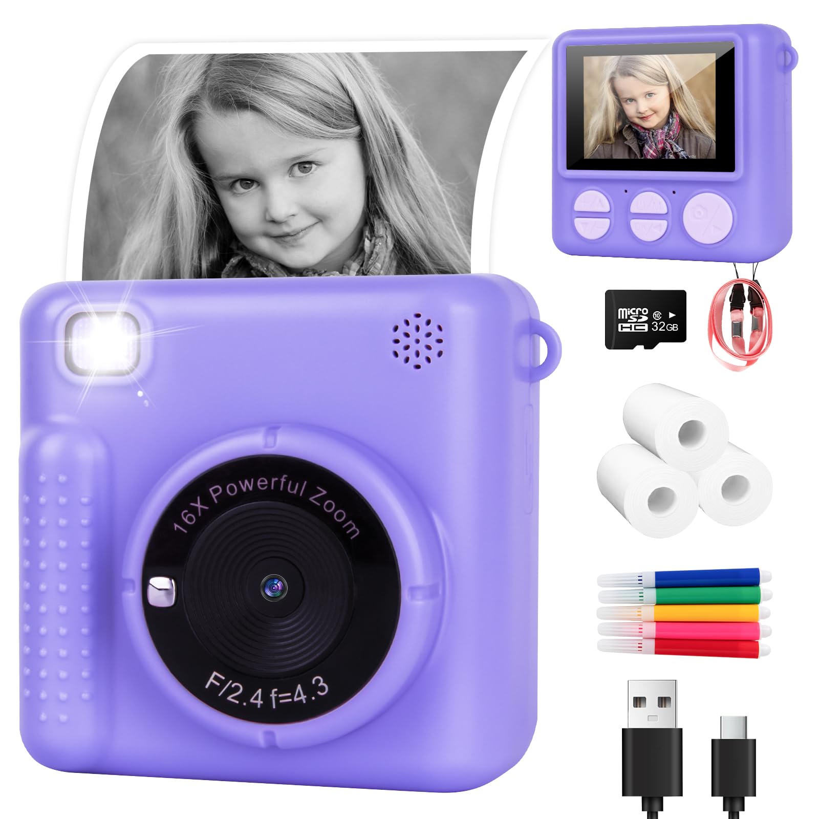 Appareil Photo Instantané Enfant,1080P HD Appareil Photo Numérique pour Enfants avec Carte SD 32 Go et Papier Photo Imprimé, Cadeau pour Filles Garçons 3-14 Ans (Violet)