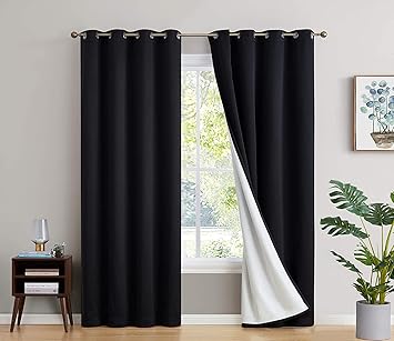 BFAM Store Thermal Insulated 100% Blackout Curtains for Bedroom with White Liner, Double Layer Full Room Darkening Noise Reducing Curtain 2 PC (Black, 5 FT Long)