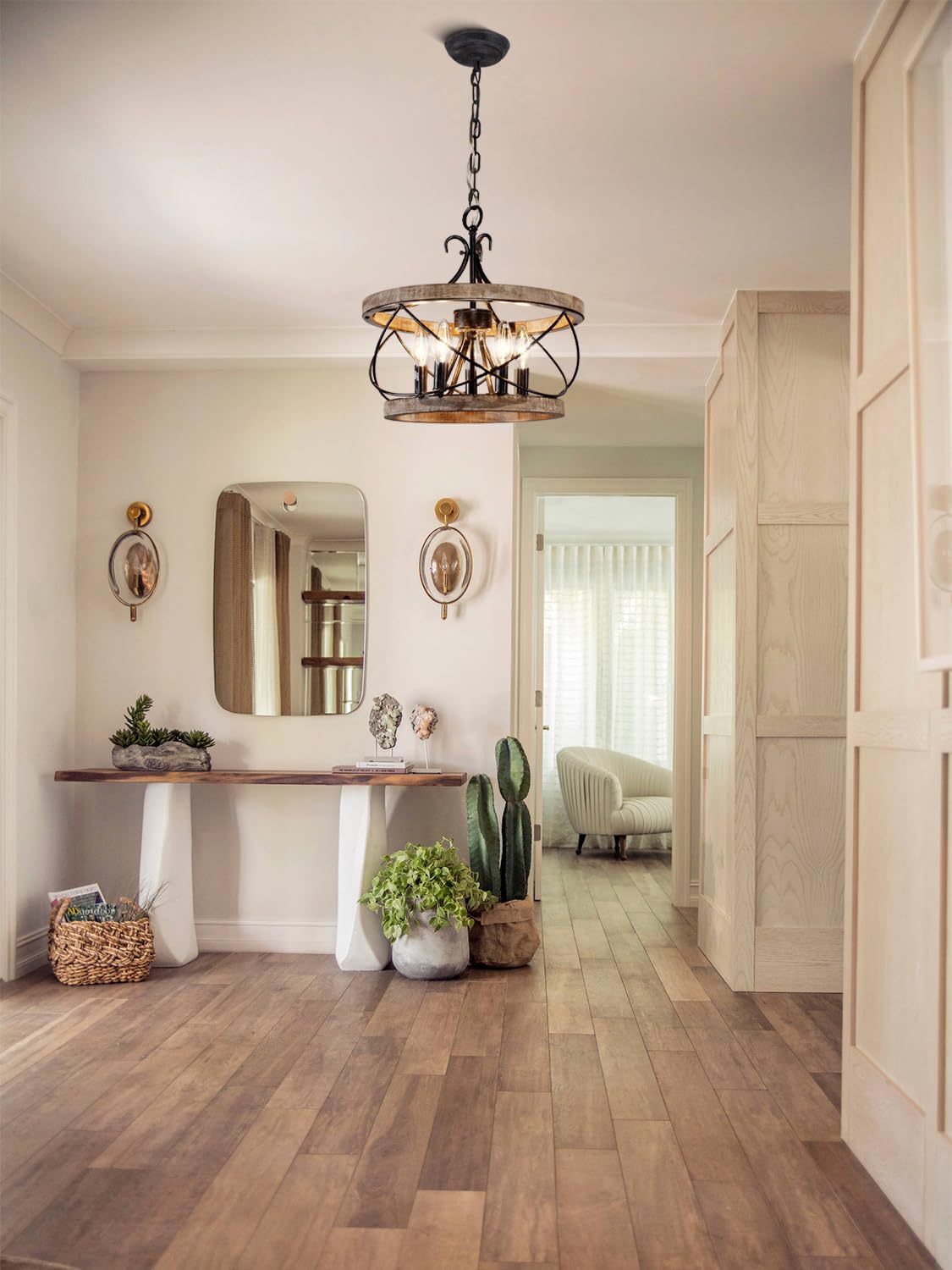 Farmhouse Wood Chandelier Light Fixture, 16 Inch Dining Room Light Fixture Over Table, 5-Light French Country Rustic Industrial Drum Chandelier for Kitchen Dining Room Entryway - Additional View