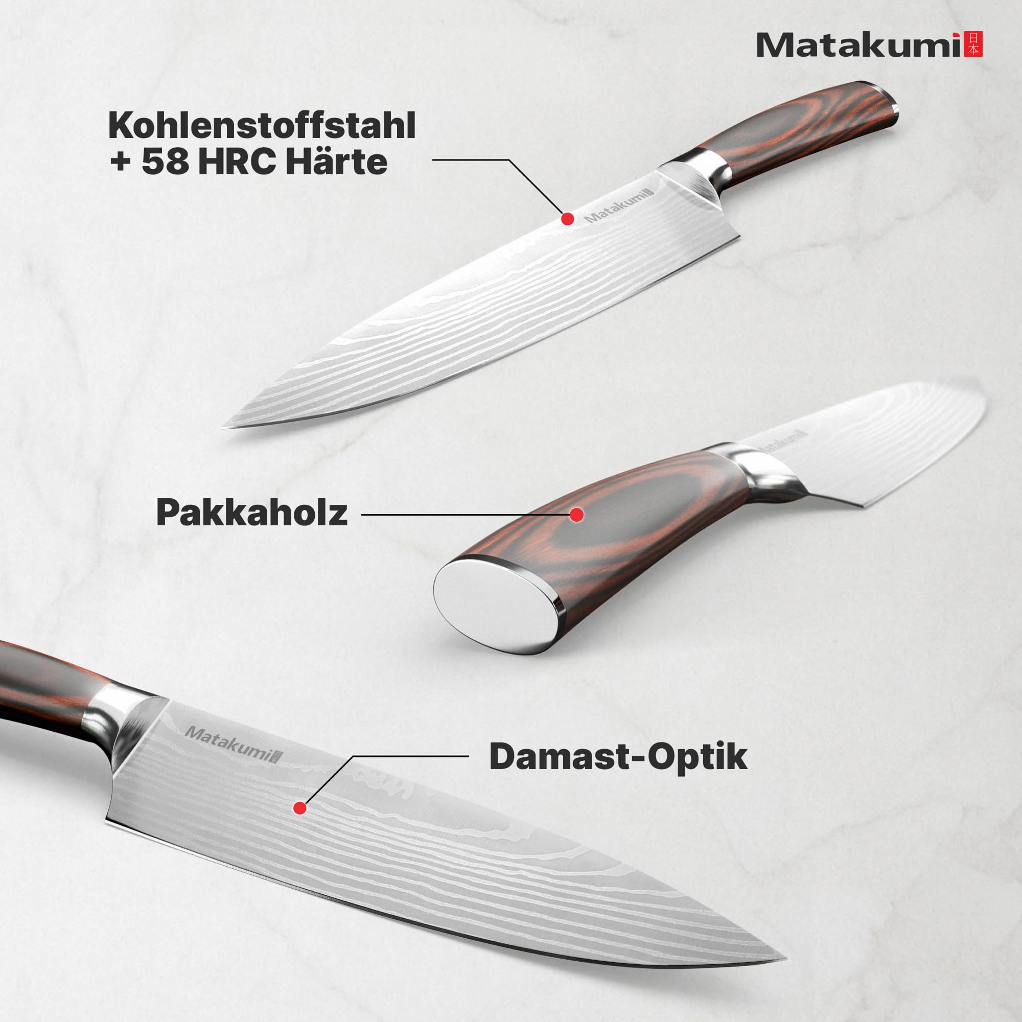 Matakumi Küchenmesser-Set mit graviertem Damastmuster, scharfer Kohlenstoffstahl-Messerset mit ergonomischen Griffen für komfortable und langlebige Nutzung, 5-teiliges Messer-Set