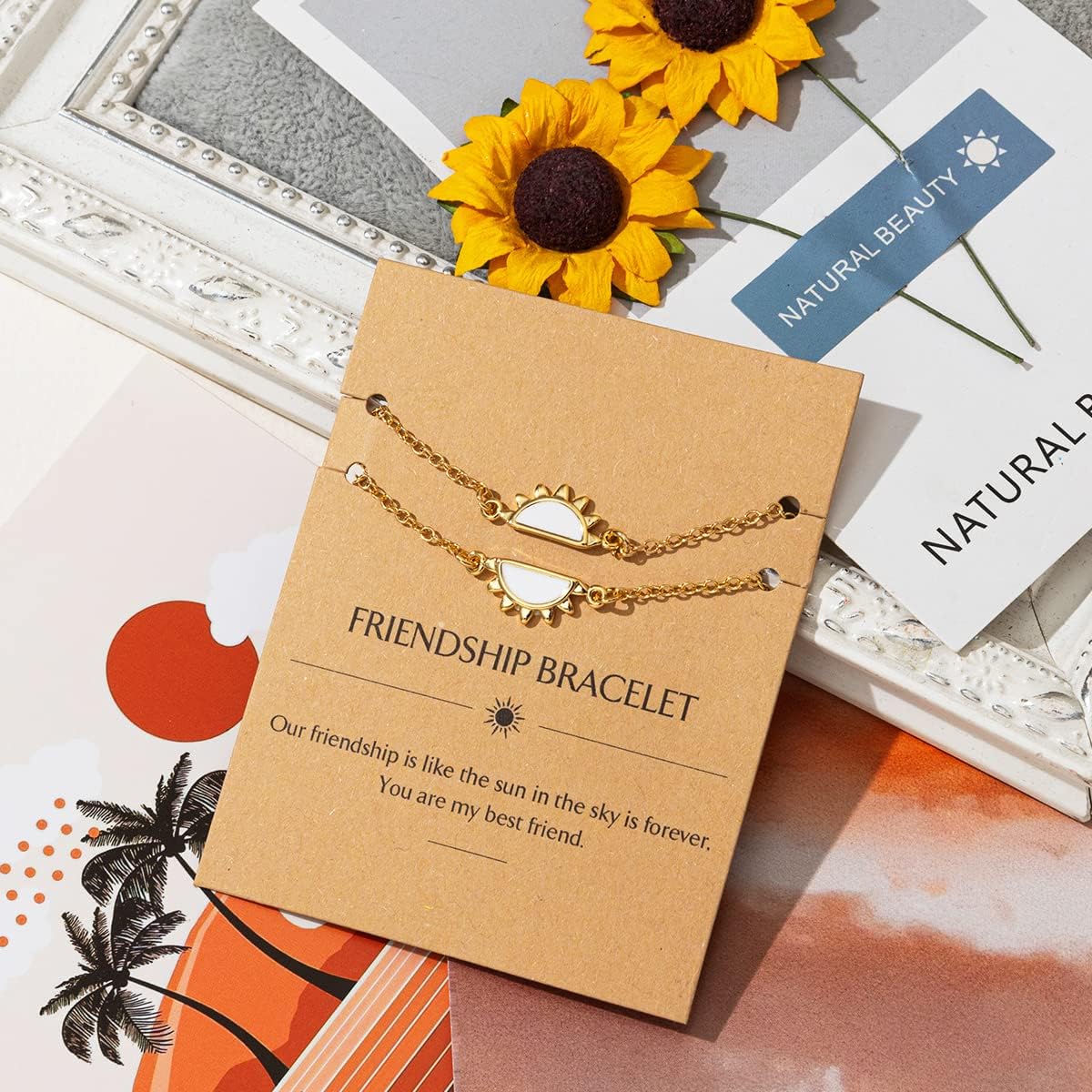 Friendship Sun Bracelet, 16k Gold Plated Copper Sun Dainty Bracelets Delicate Adjustable Link for Graduation Birthday Anniversary