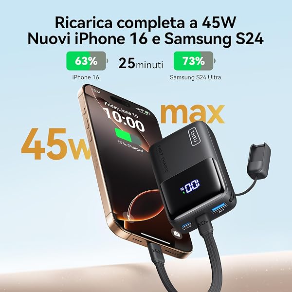 INIU Power Bank, 10000mAh Ultra Mini 45W Ricarica Rapida Powerbank con Cavo USB-C Collegato, Idoneo per Volo, Compatto ma Potente Caricatore Portatile per iPhone 17 16, Samsung S22, Xiaomi, iPad ecc. - 3