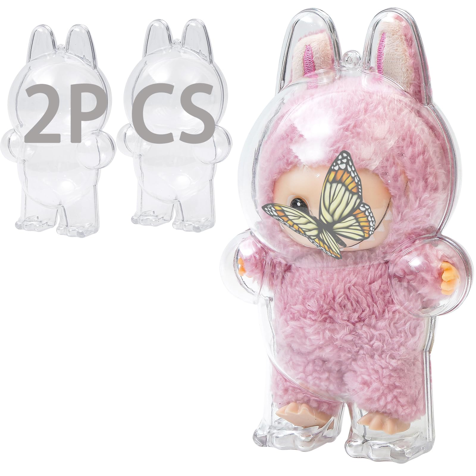 Buwesru 2PCS Intended for Labubu case?Clear Figure Display Bag with Keychain for Doll,Plastic Protective Cover(Doll Excluded, 2PCS Style Standing)