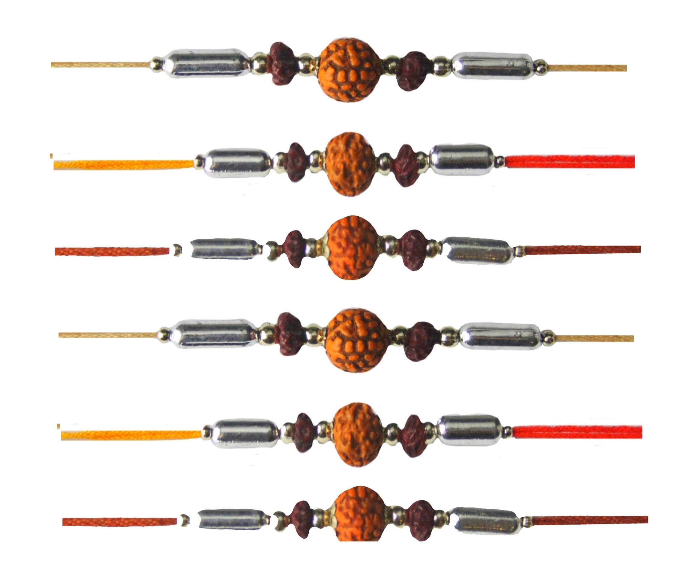 6 x Rakhi Thread Raksha Bandhan Rudraksh Stones Or Wooden Beads Hindu Indian Festival Wrist Band Rakhi for Brother Friendship Bracelet Raksha Bandhan Gift (Rakhi Design 26)
