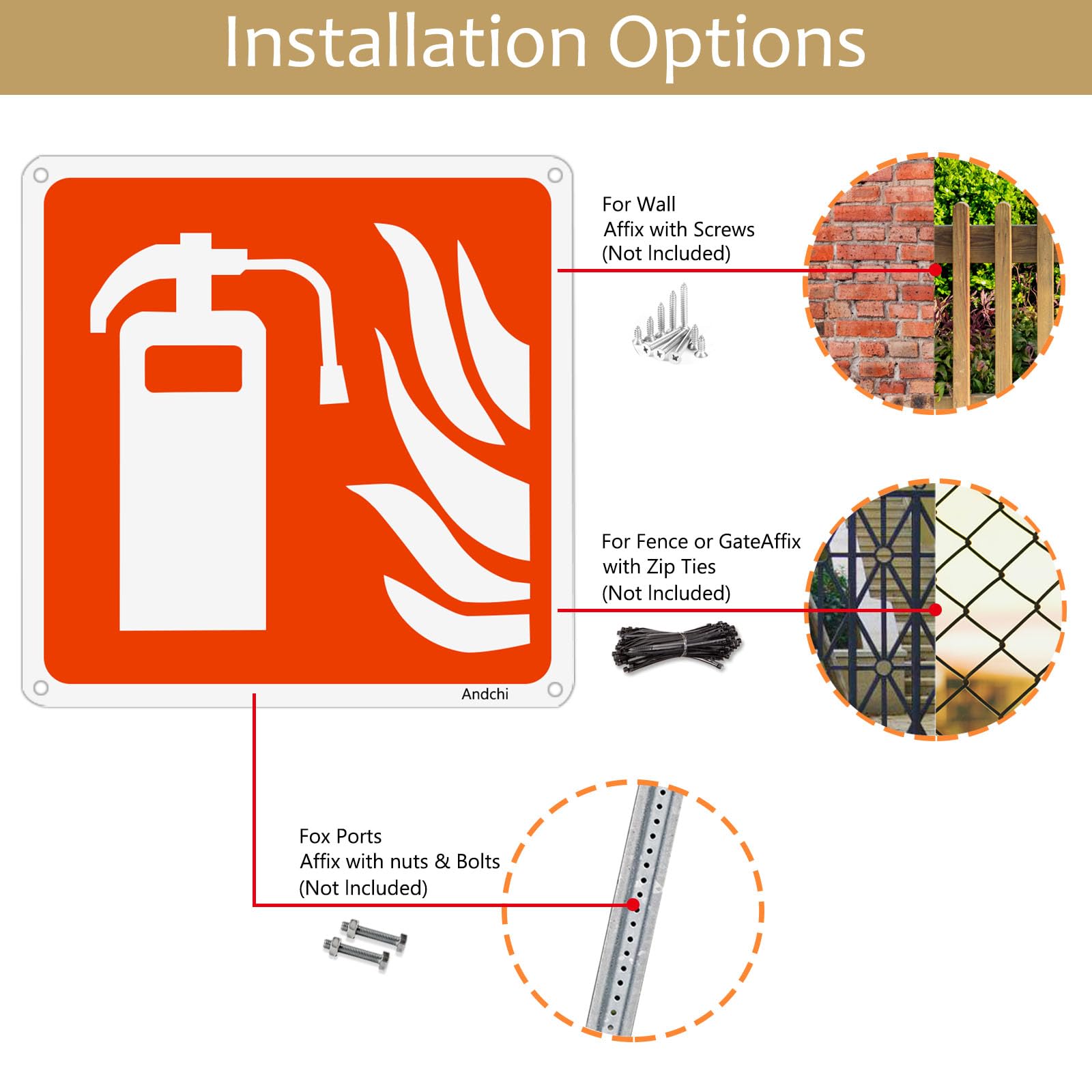 Andchi 2 pezzi Segnale antincendio Segnaletica in alluminio, 200x200 mm