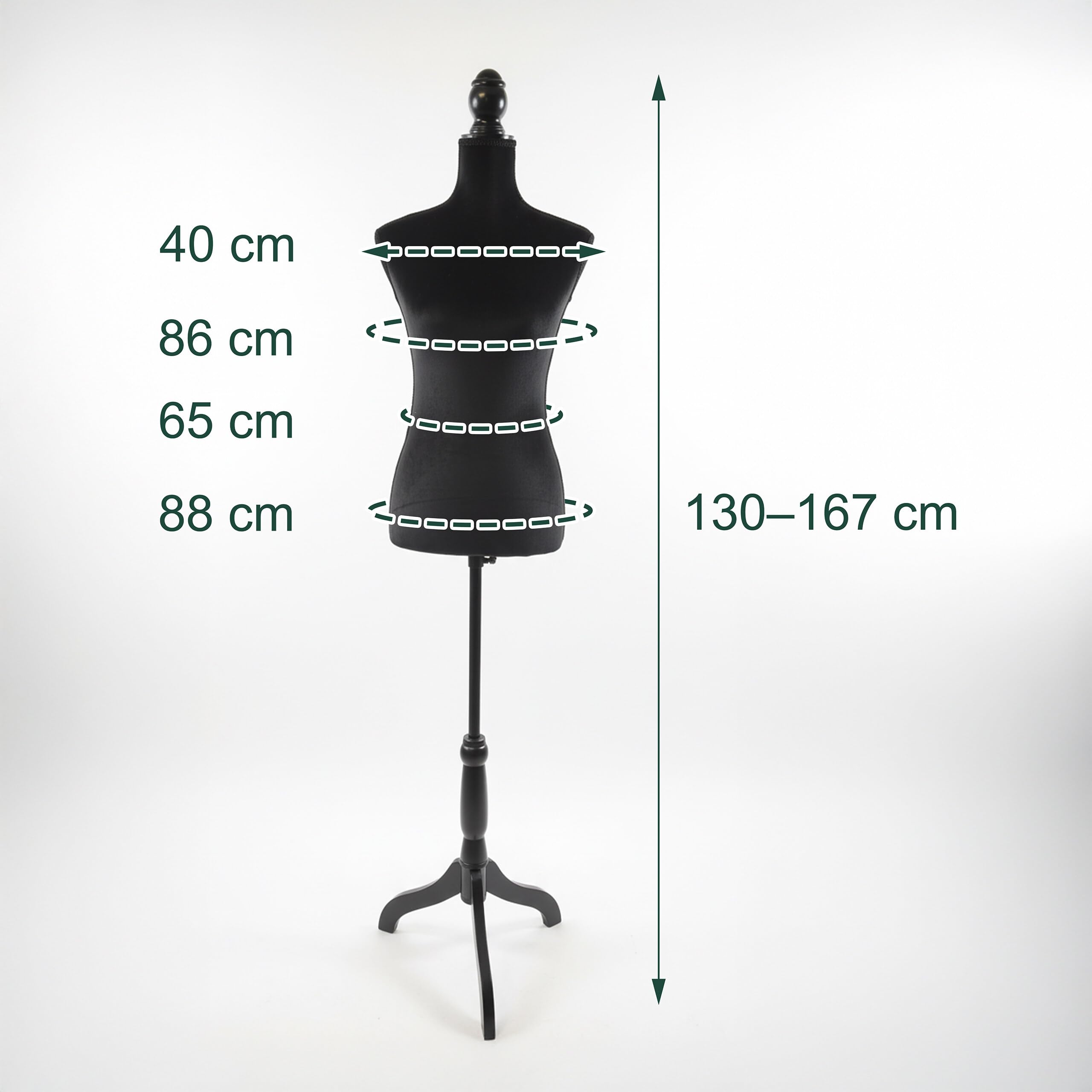 Relaxdays manichino da Sarto Donna, Taglia 36/38, Regolabile 130–167 cm, Rivestimento in Velluto, Base in Legno, Nero