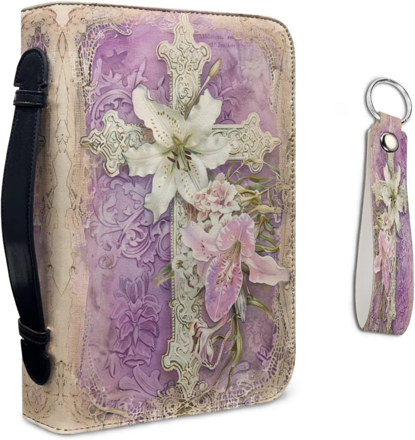 Lotusorchid Highland Cow Print Bible Cover Case for Women with Leather Keychain, Large Bible Book Cover Bible Case Bible Carrying Case with Zipper Handle for Bible Study, Green and Brown, Size XL