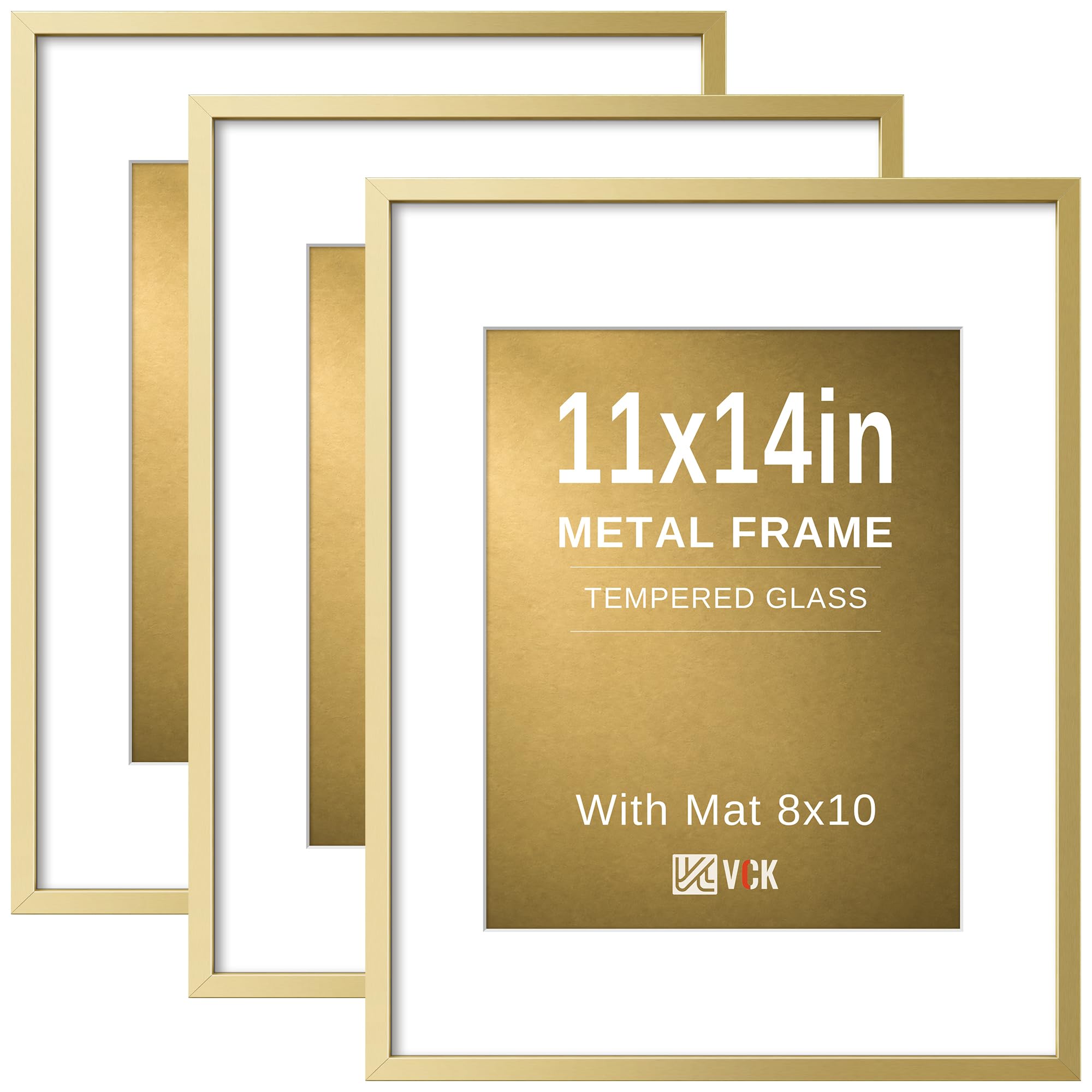 VCK 11x14 Picture Frame Gold Metal, Real Glass, 8x10 Mat, 3 Pack, for Art