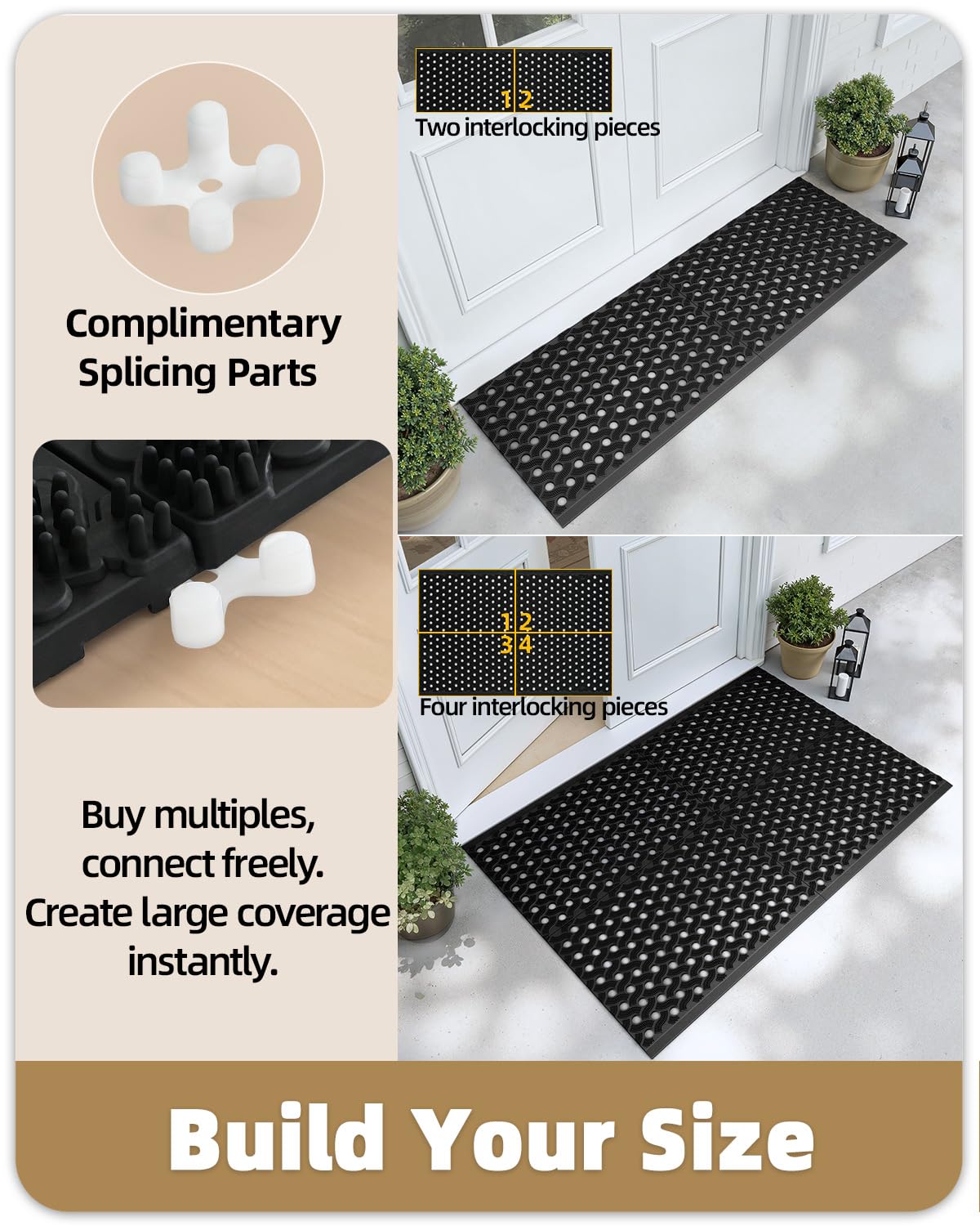 COLOR&GEOMETRY Zerbino Esterno in TPE Ultra Resistente alle Intemperie, Tappeto Ingresso Esterno Antiscivolo con Connettori, Impermeabile ed Ecologico, Intensivo per Porta, Giardino, 43x75 cm, Nero