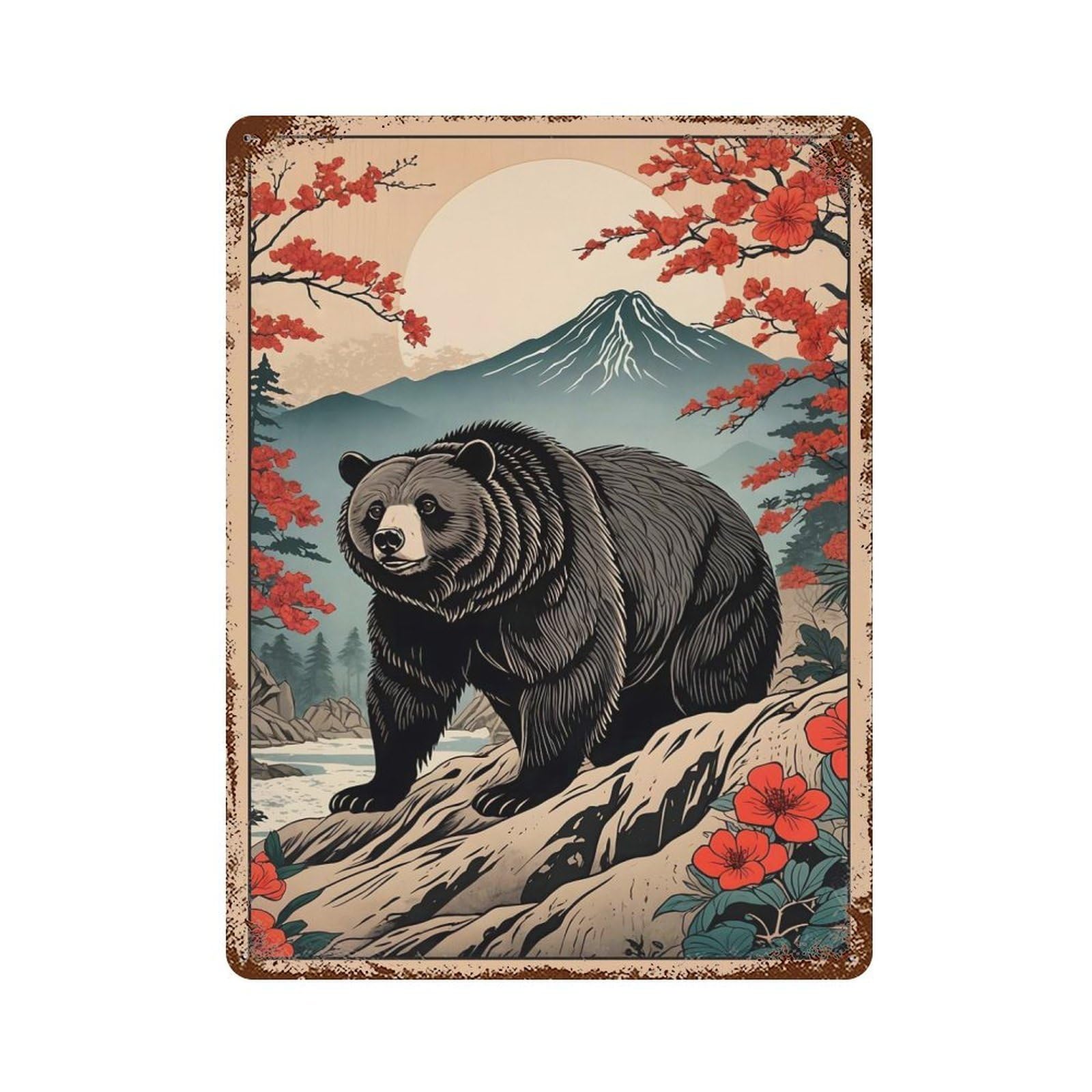 Rust Effect Japanese Bear Mountain Rusty Metal Tin Sign 15.7"x11.8", Rustic Home Decor for Living Room, Hallway And Home Decor