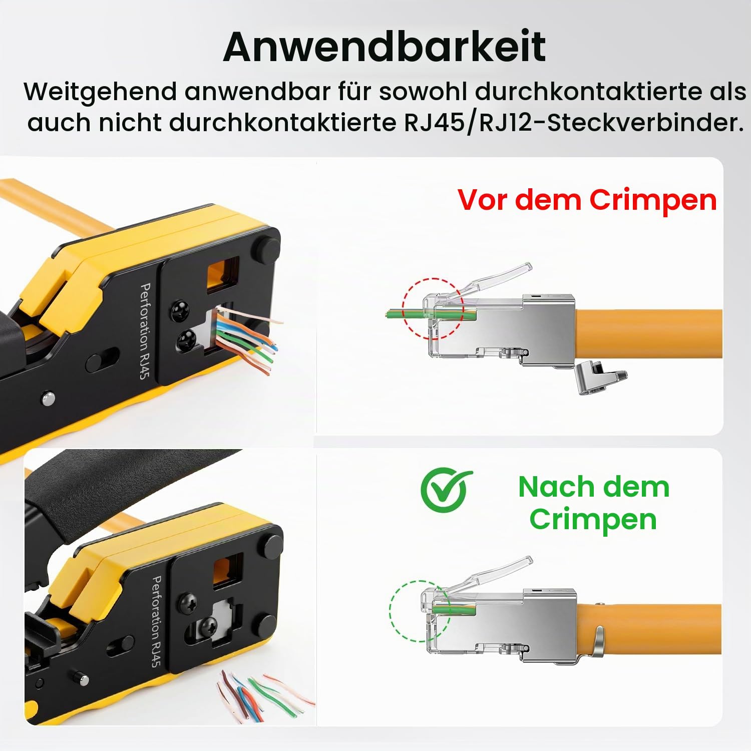 Crimpzange Set, RJ45 Netzwerk Werkzeug Set, Werkzeug Paket für Cat5 Cat6 Cat7, Lan Stecker Pass Through RJ45 Netzwerkstecker, RJ45/RJ11/RJ12 Reparaturwerkzeuge Für Profis & Heimwerker