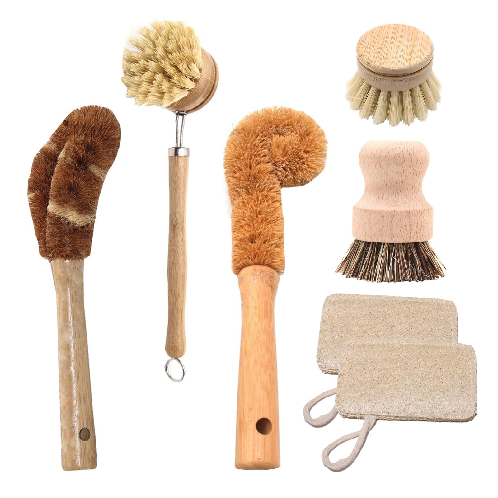 Haploon 7 Piece Wooden Dish Brush Natural,Bamboo Brush Kitchen Set Dish Cleaning Brush Pot Brush & Bottle Cleaner Beech Wood & Natural Bristles Bamboo