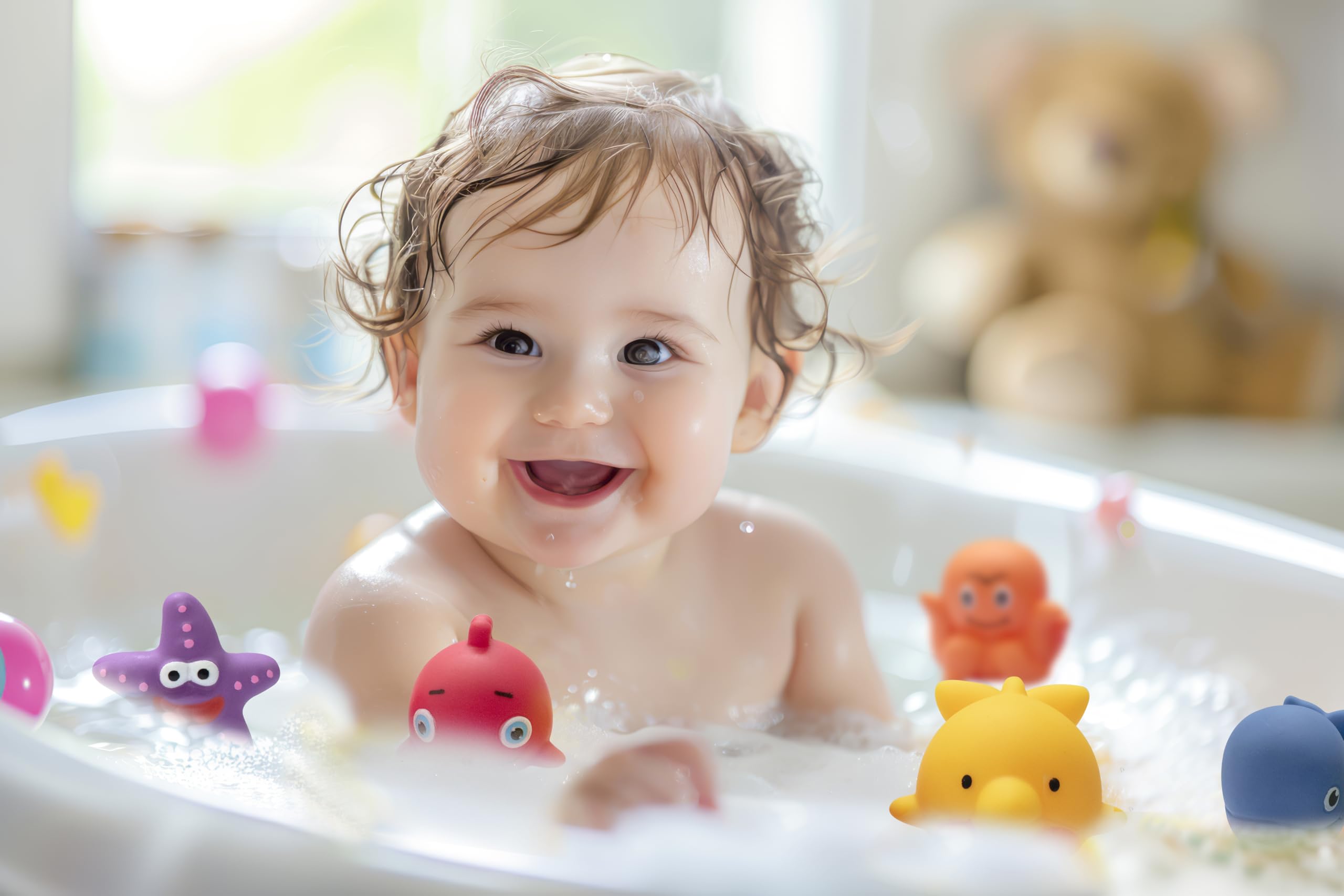 Amazon Brand - Jam & Honey Baby Bath Toy Set for Toddlers 3+ Months, 10 Pieces, Floating Sea Animal Squeeze Toys, Soft Chuchu Bath Toys for Kids & Babies, BPA Free, BIS Certified Safe for Kids 1