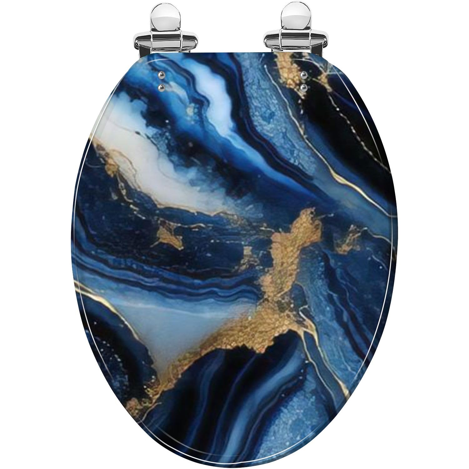 Elongated Toilet Seat navy blue ink marble like abstract texture golden ...