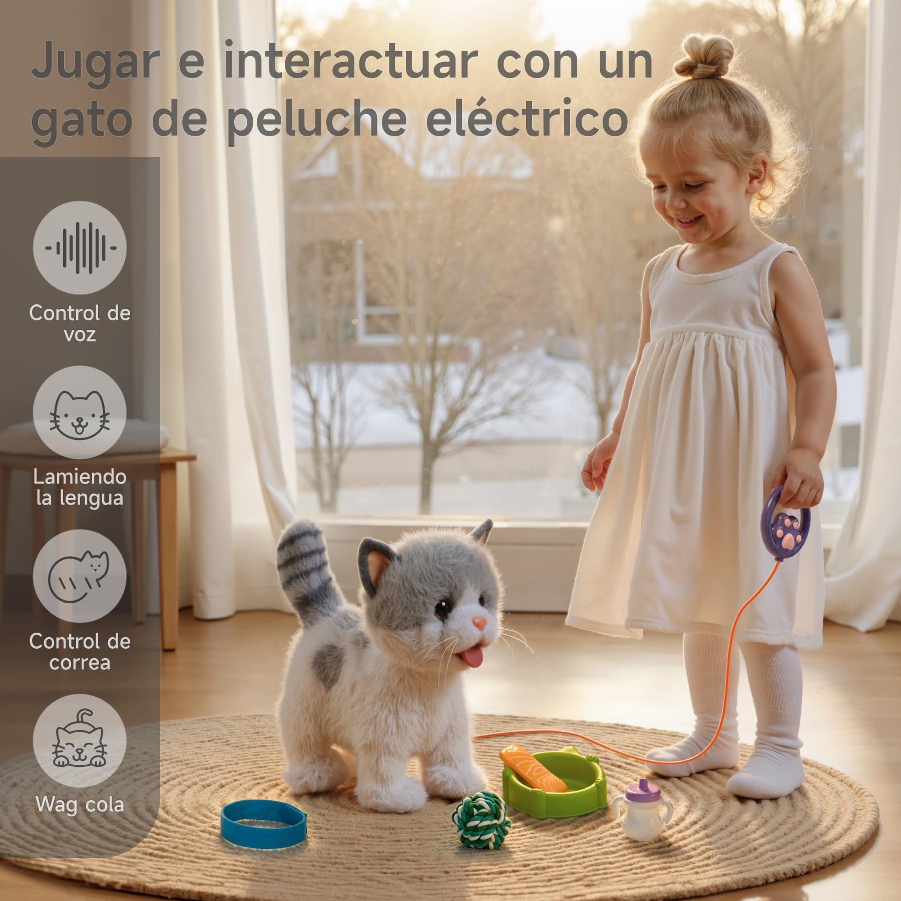 OR OR TU Juguetes Gatito para Niños Gato Peluche Mascotas Electrónicas Gatito, Camina sobre un Plomo Lamiendo Gatito, Juguetes Realistas Interactivos Gato para Niños 3 4 5 6 7+ Años Regalo