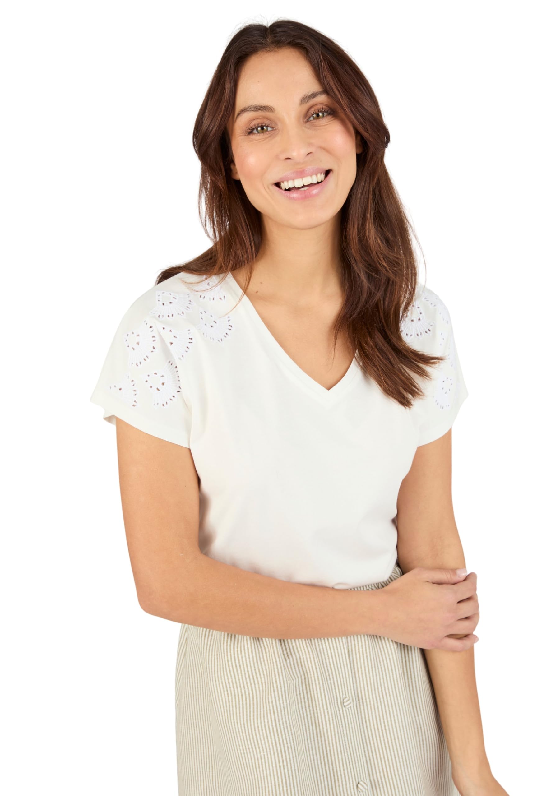 Damart - Broderie Anglaise Detail T-Shirt, Off White, 18/20