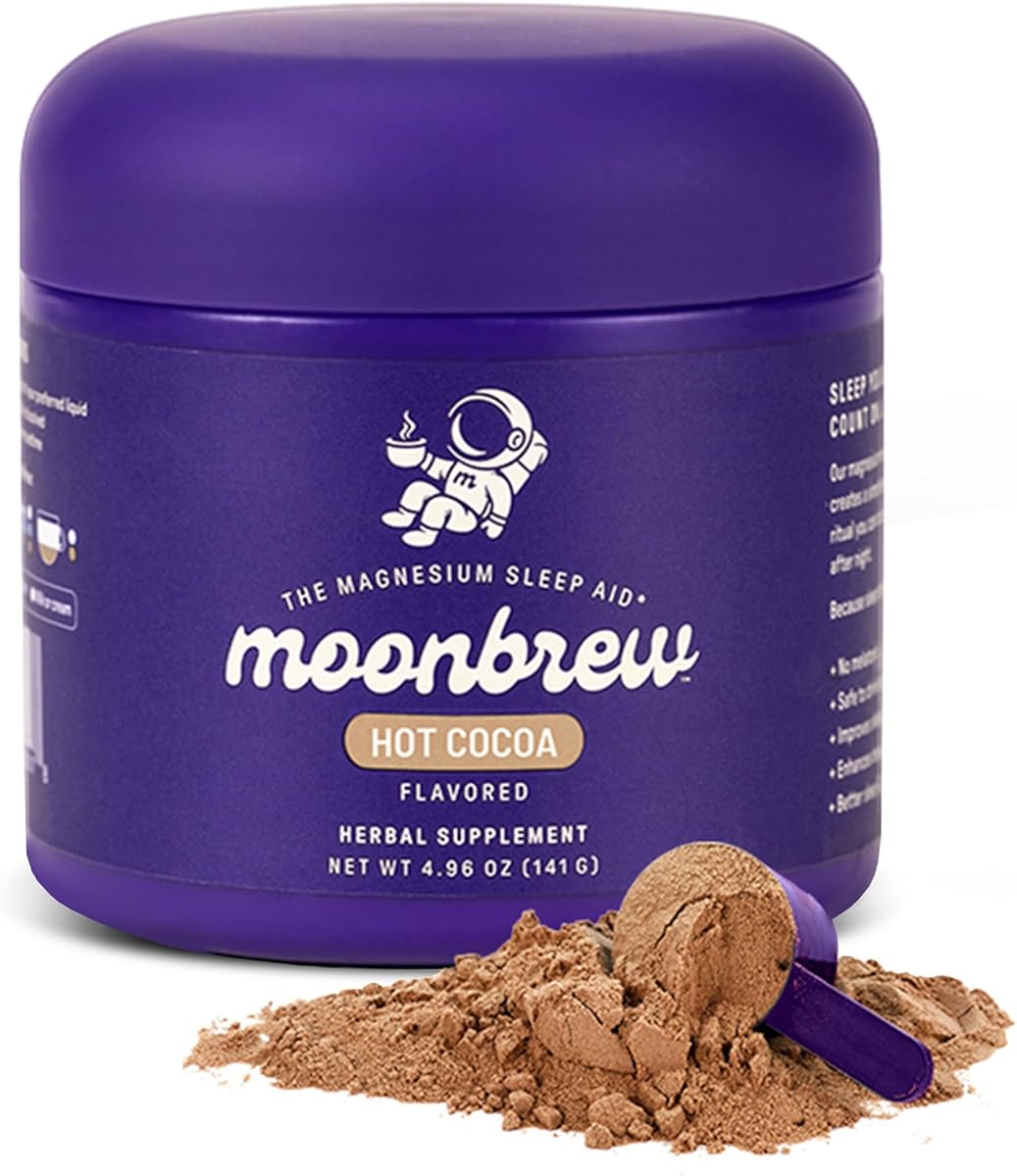 MoonBrew Nighttime Magnesium Hot Cocoa Jar, Natural Sleep Aid Drink Mix for Adults - Calming Melatonin-Free Sleep Support - Sleepy Hot Chocolate Powder with L-Theanine, Chamomile & Zinc Glycinate