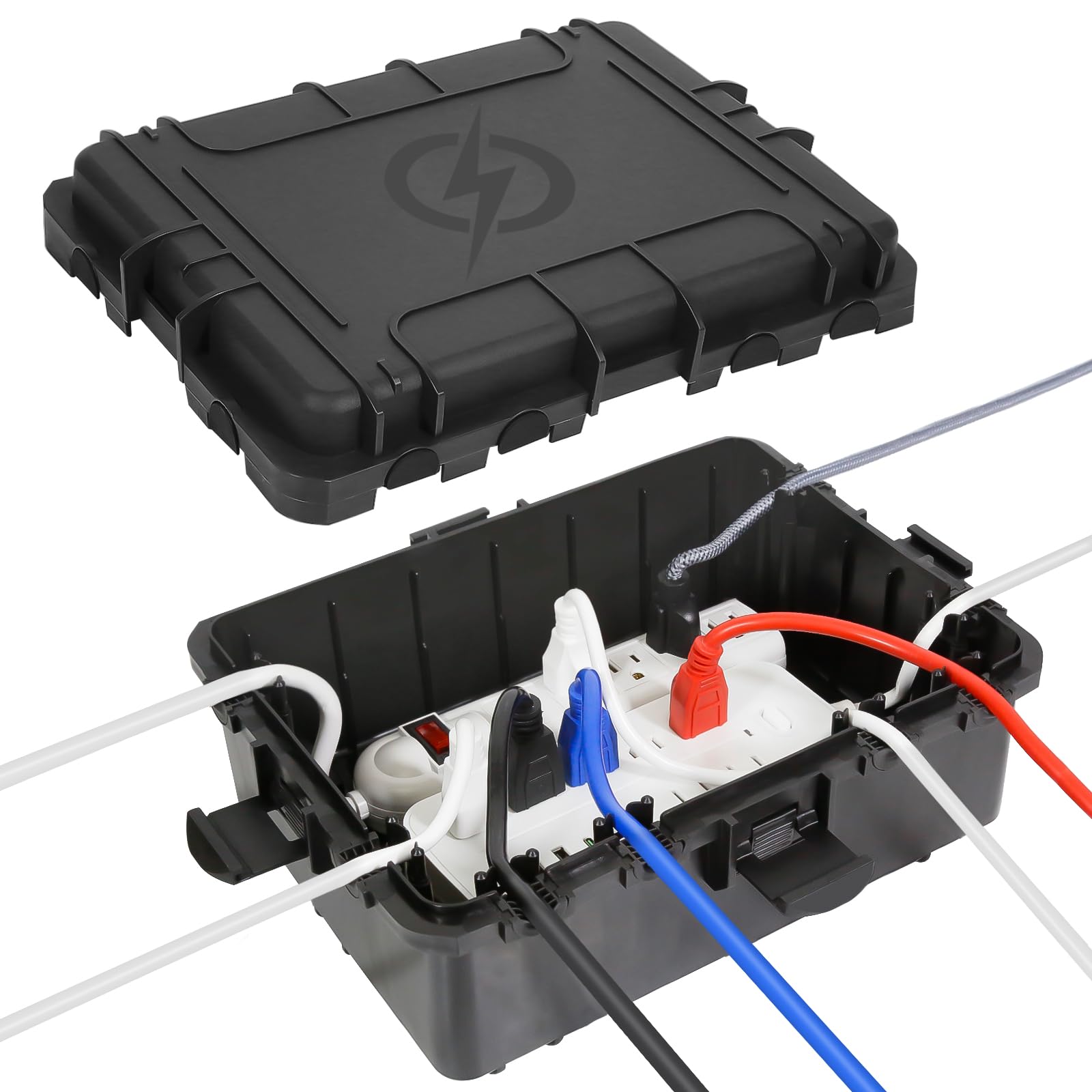 Große wasserdichte Kabelbox für den Außenbereich, wetterfeste Außensteckdose, IP54-geschützte Steckdosenleiste, Timer-Steckdose, Außenstecker, Verlängerungskabel (31 x 23 x 13 cm) - Schwarz