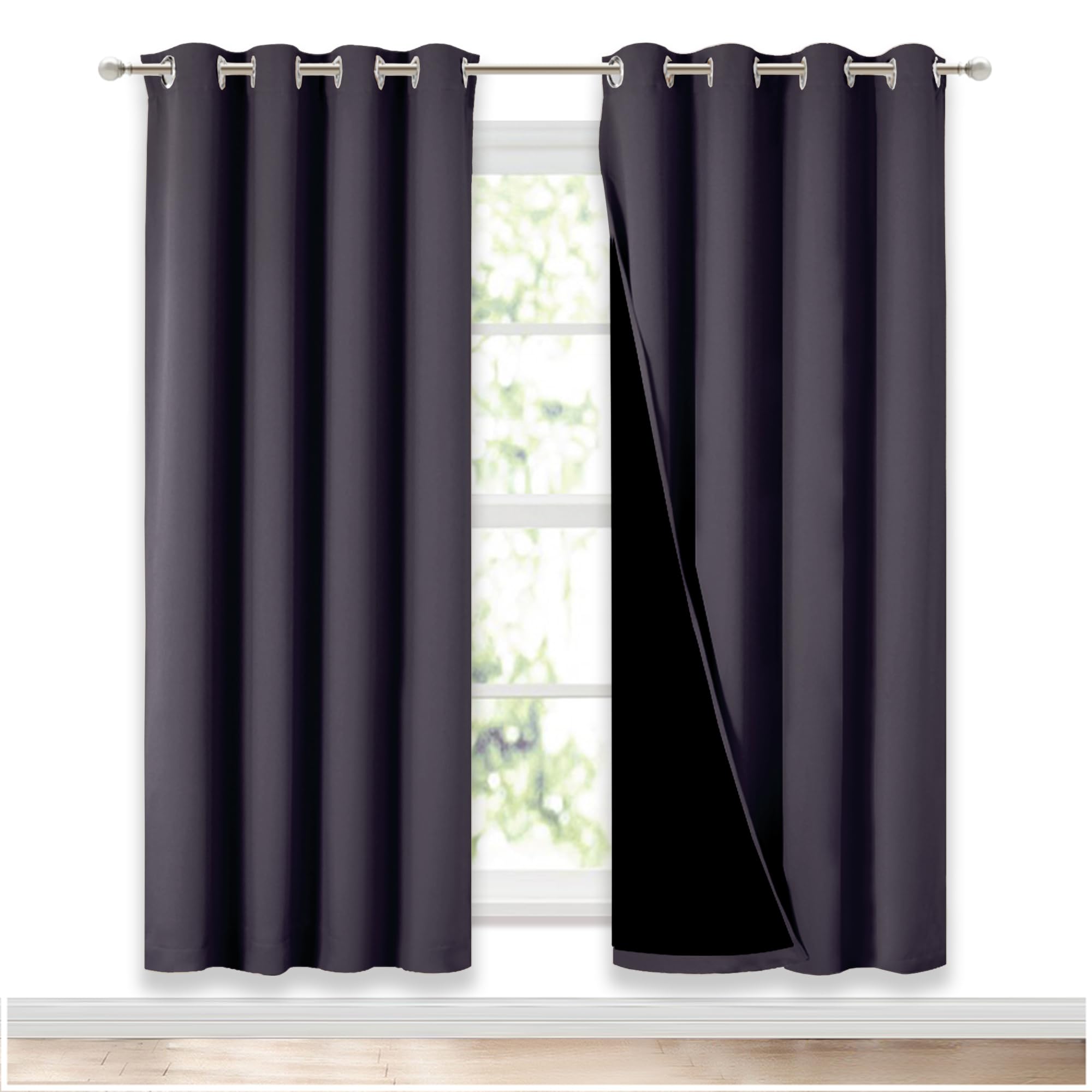 NICETOWN 100% Blackout Window Curtain Panels, Greyish Purple, 2 Pieces, 52" Wide Per Panel, Full Light Blocking Drapes with Black Liner for Nursery, 72" Drop Thermal Insulated Draperies