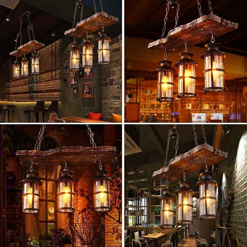 Vintage Holz Hängeleuchte Industrielle Pendelleuchte 3-flammig Pendellampe | Hängelampe im Retro-Landhausstil,Glas Lampenschirm E27-Fassung Kronleuchter für Esstisch, Kücheninsel Esszimmer Wohnzimmer
