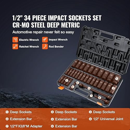 Miniatura 3 de VEVOR Juego de llaves de impacto de 12 pulgada, juego de 34 piezas métricas de 0.315-1.417 in, acero de aleación Cr-MO de 6 puntos para reparación
